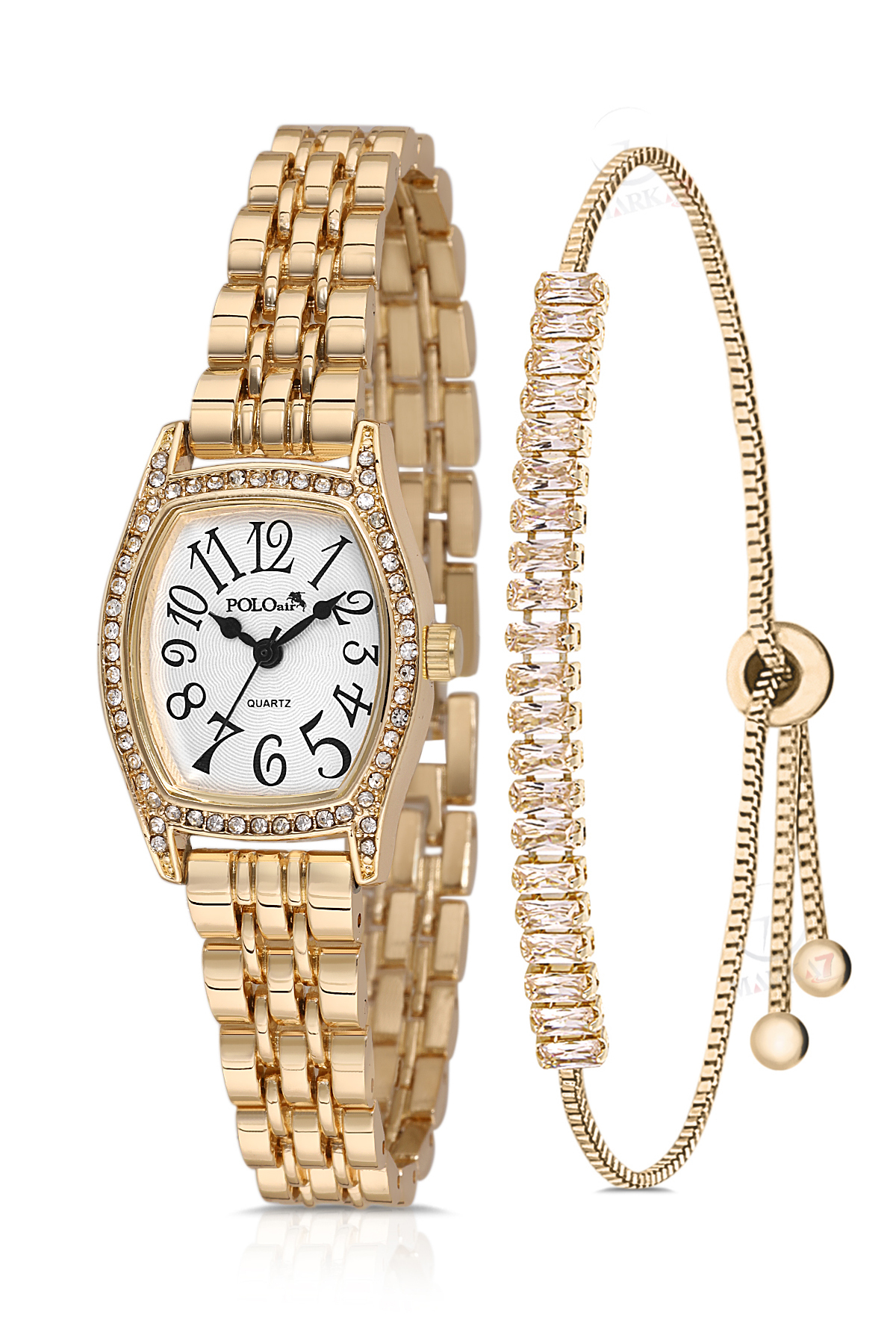 Vintage Rakamlı Kadın Kol Saati Zirkon Taşlı Baget Bileklik Kombin Gold Renk Pl-1592B1 Altın Pl-1592B1