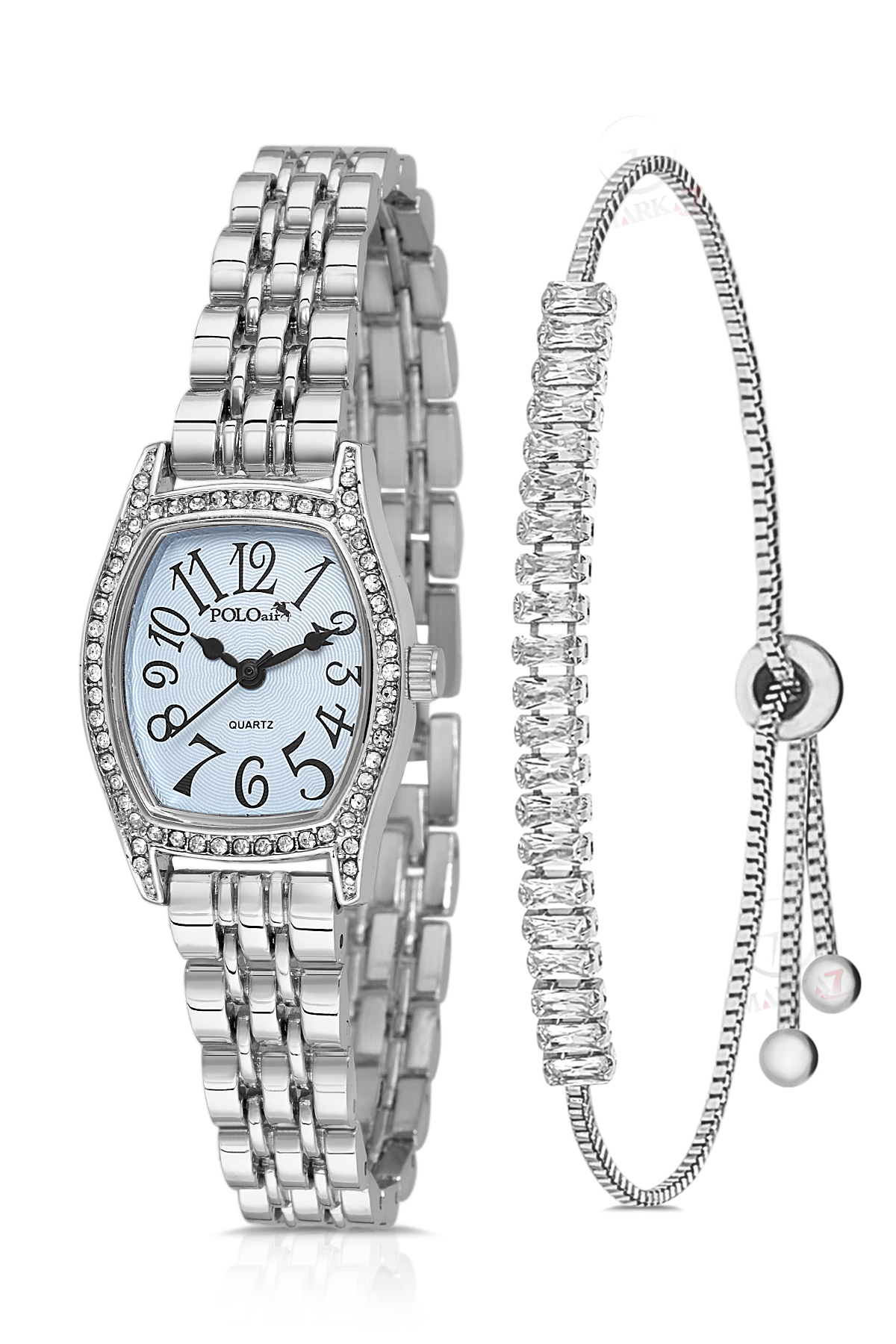 Vintage Rakamlı Kadın Kol Saati Zirkon Taşlı Baget Bileklik Kombin Gümüş Mavi Renk Pl-1592B4 Mavi Pl-1592B4
