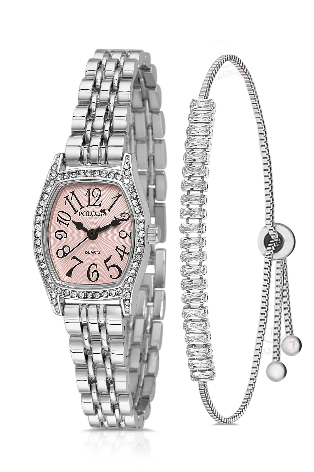 Vintage Rakamlı Kadın Kol Saati Zirkon Taşlı Baget Bileklik Kombin Gümüş Pembe Renk Pl-1592B3 Pembe Pl-1592B3