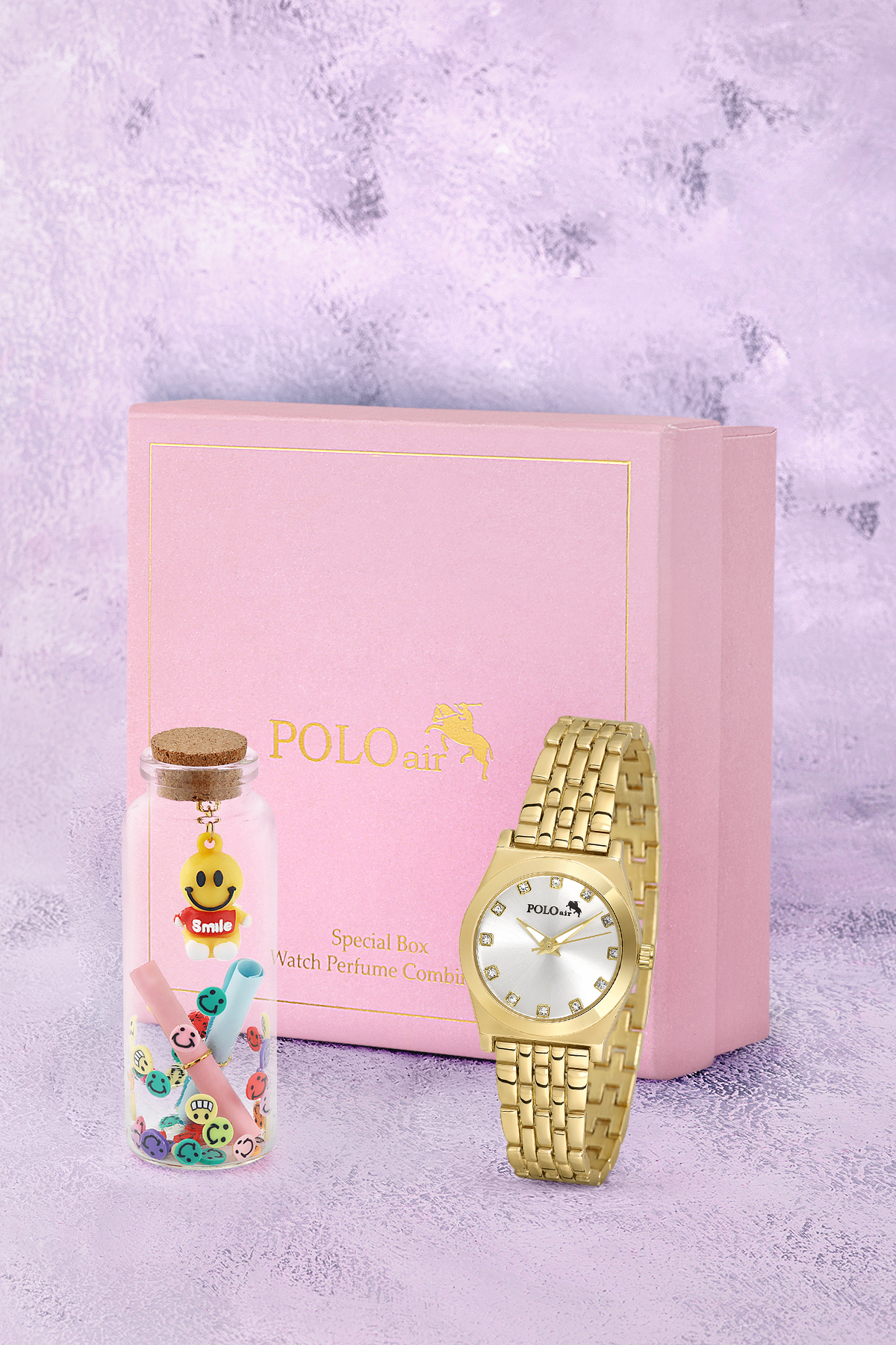 Zarif Kadın Kol Saati Ve Smile Figürlü Özel Notlu Cam Dilek Şişe Seti Gold Renk St-2184S1 Altın St-2184S1