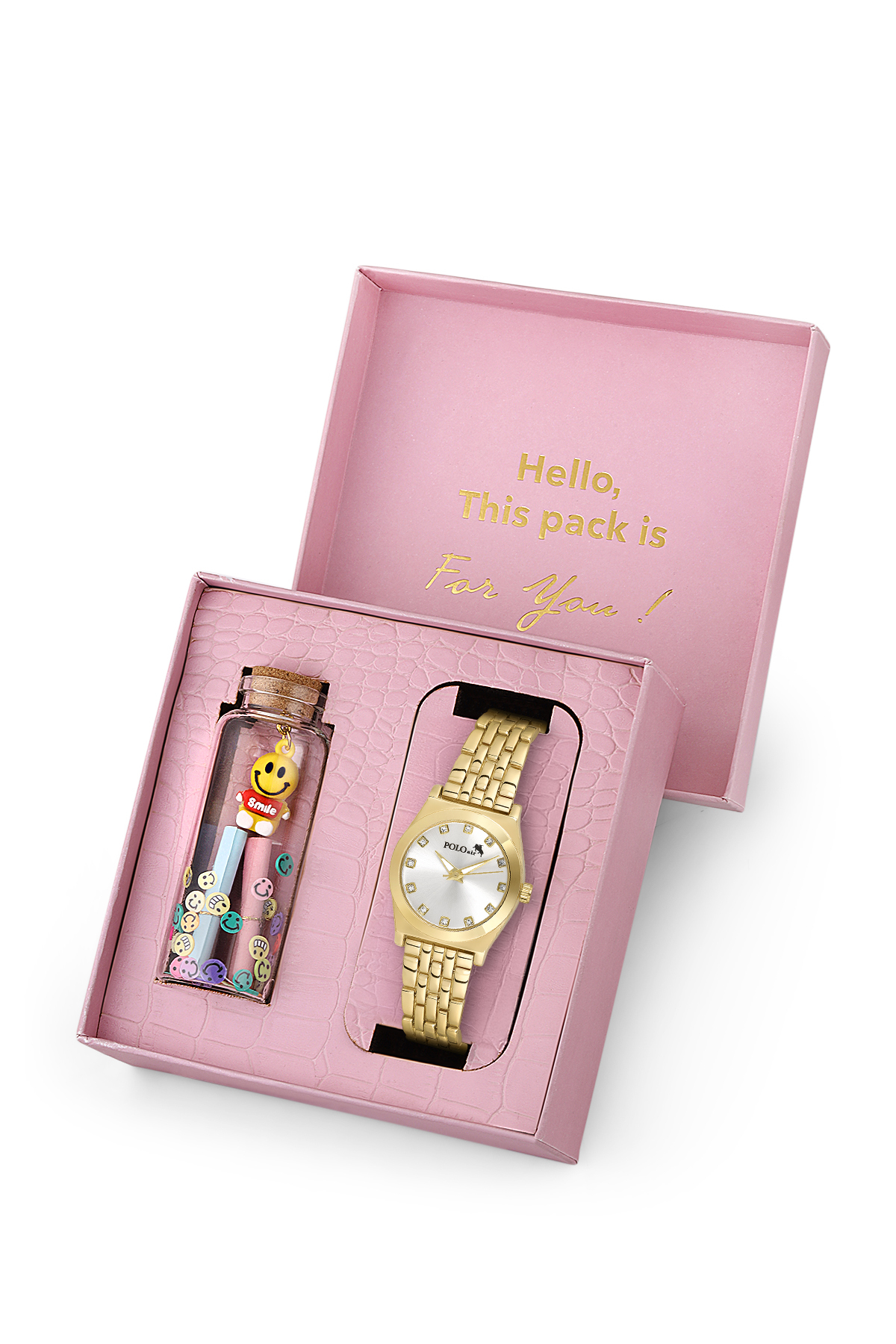 Zarif Kadın Kol Saati Ve Smile Figürlü Özel Notlu Cam Dilek Şişe Seti Gold Renk St-2184S1 Altın St-2184S1