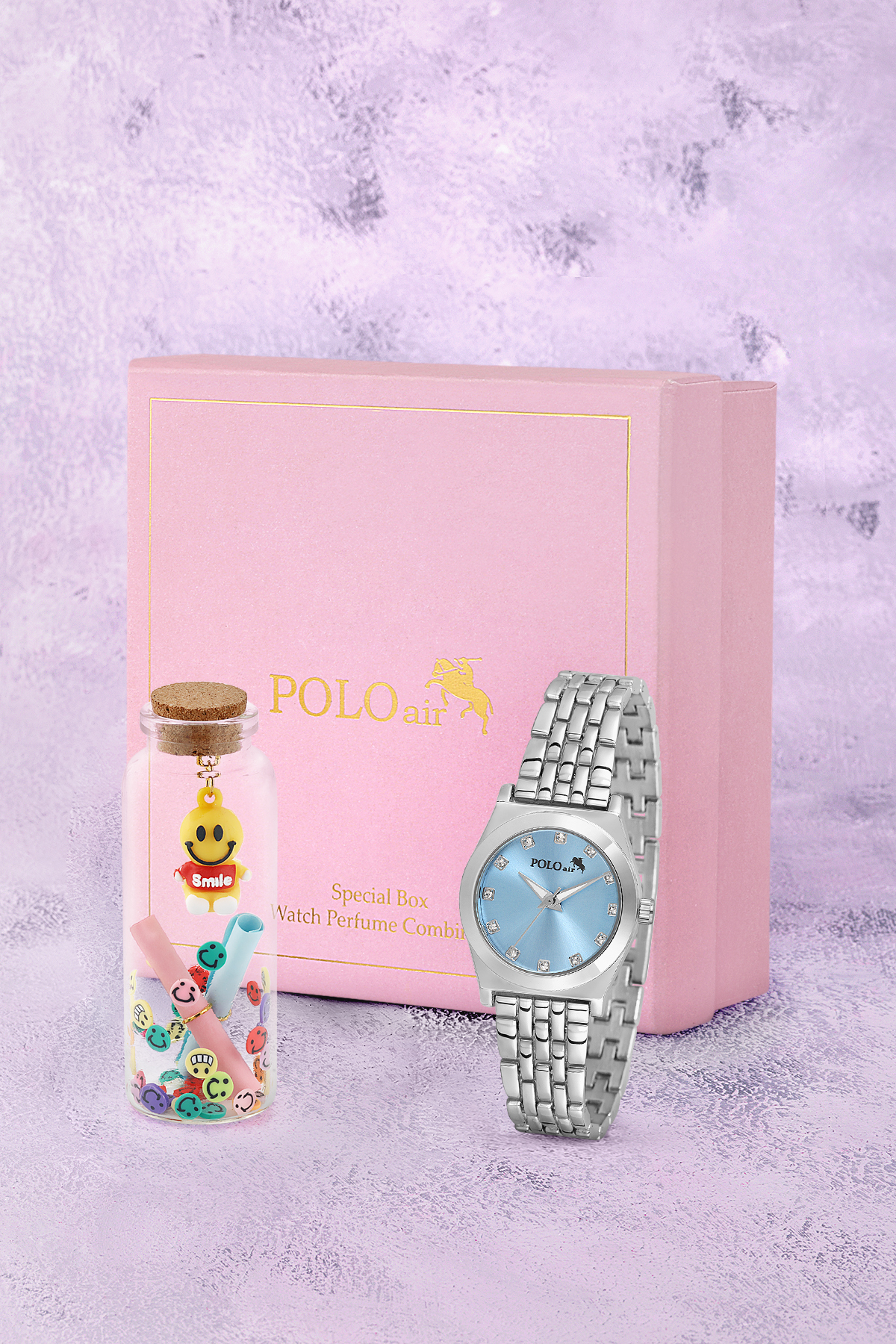 Zarif Kadın Kol Saati Ve Smile Figürlü Özel Notlu Cam Dilek Şişe Seti Gümüş Mavi Renk St-2184S4 Mavi St-2184S4