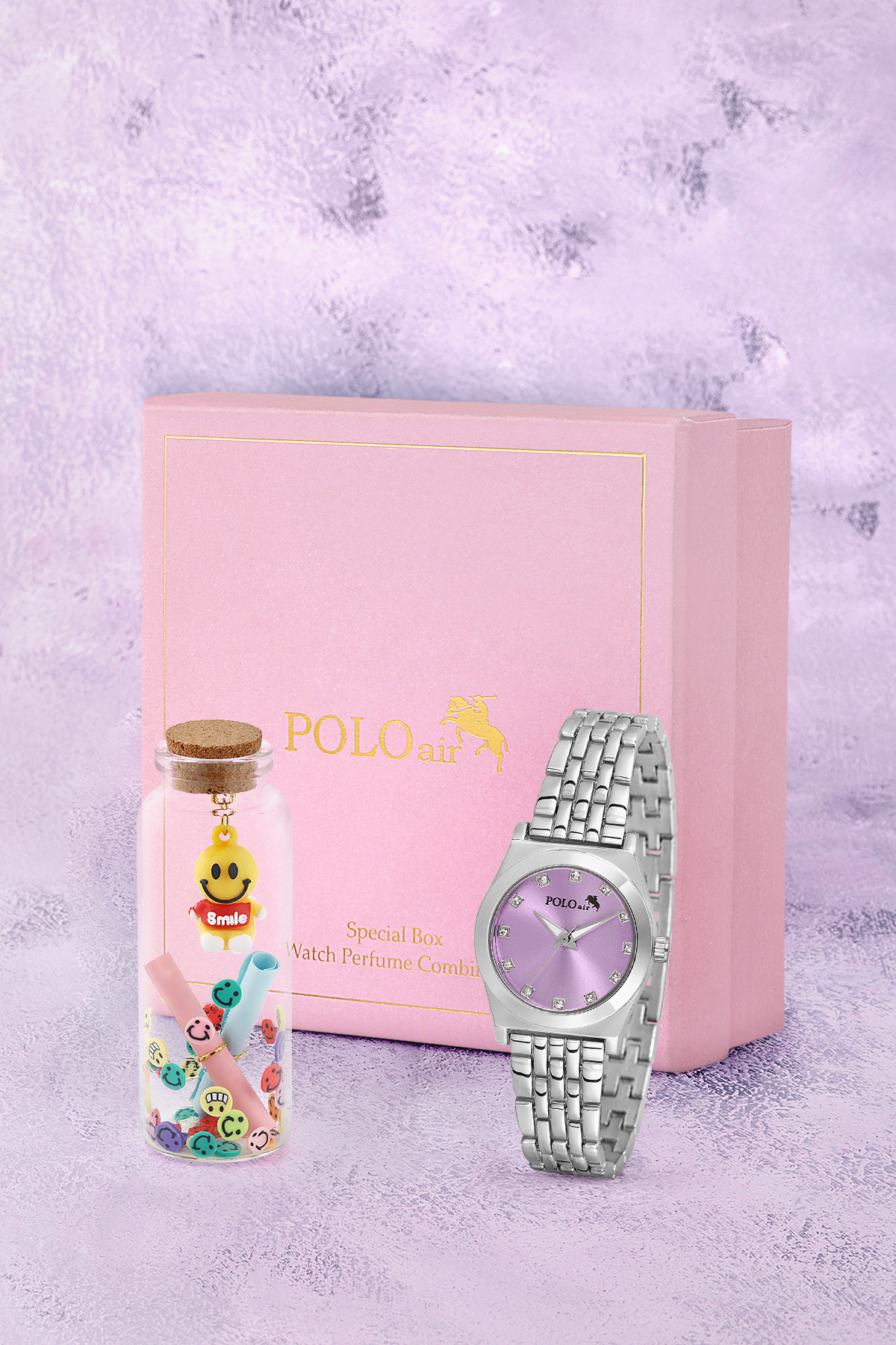 Zarif Kadın Kol Saati Ve Smile Figürlü Özel Notlu Cam Dilek Şişe Seti Gümüş Mor Renk St-2184S5 Mor St-2184S5
