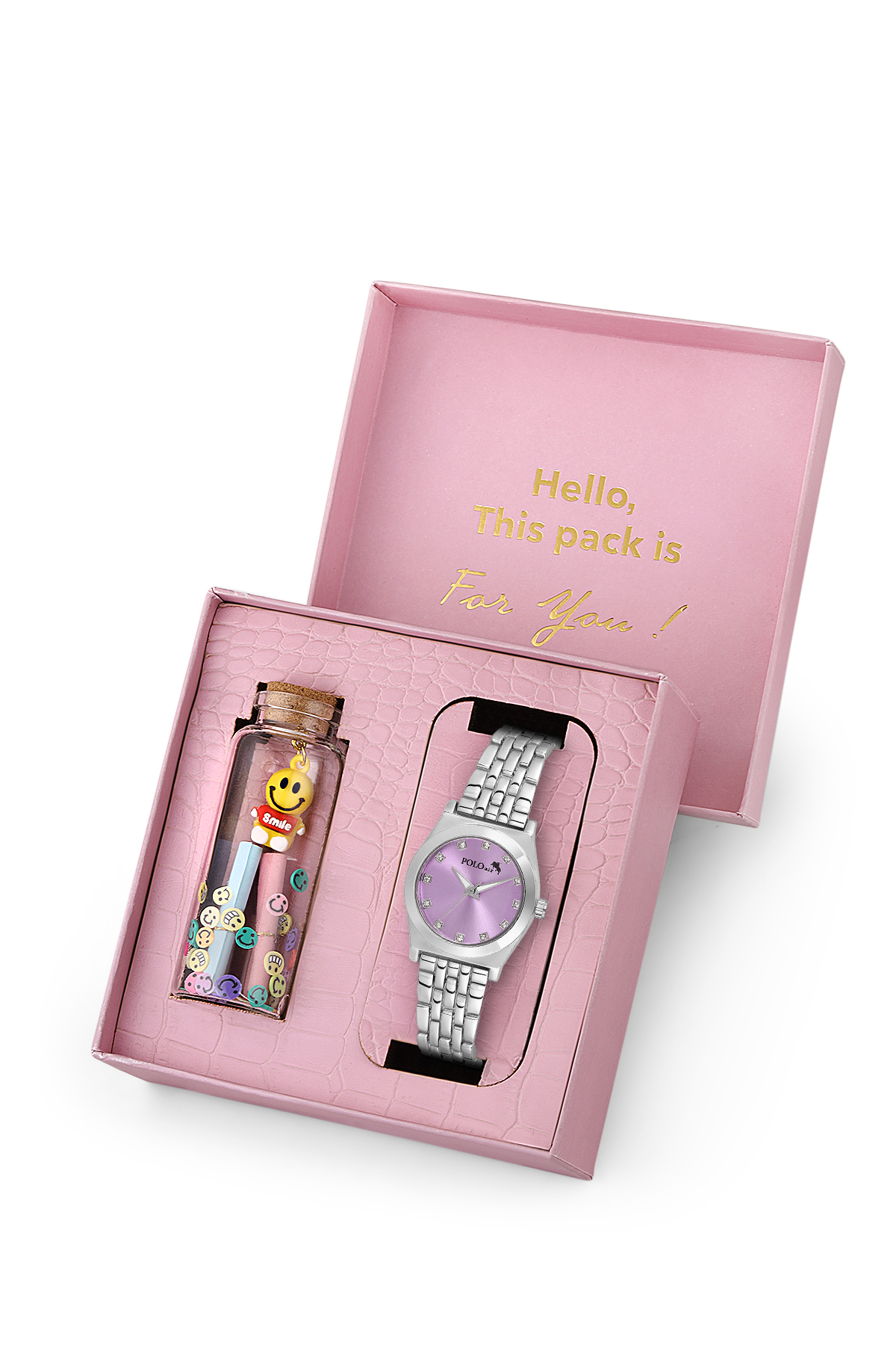 Zarif Kadın Kol Saati Ve Smile Figürlü Özel Notlu Cam Dilek Şişe Seti Gümüş Mor Renk St-2184S5 Mor St-2184S5