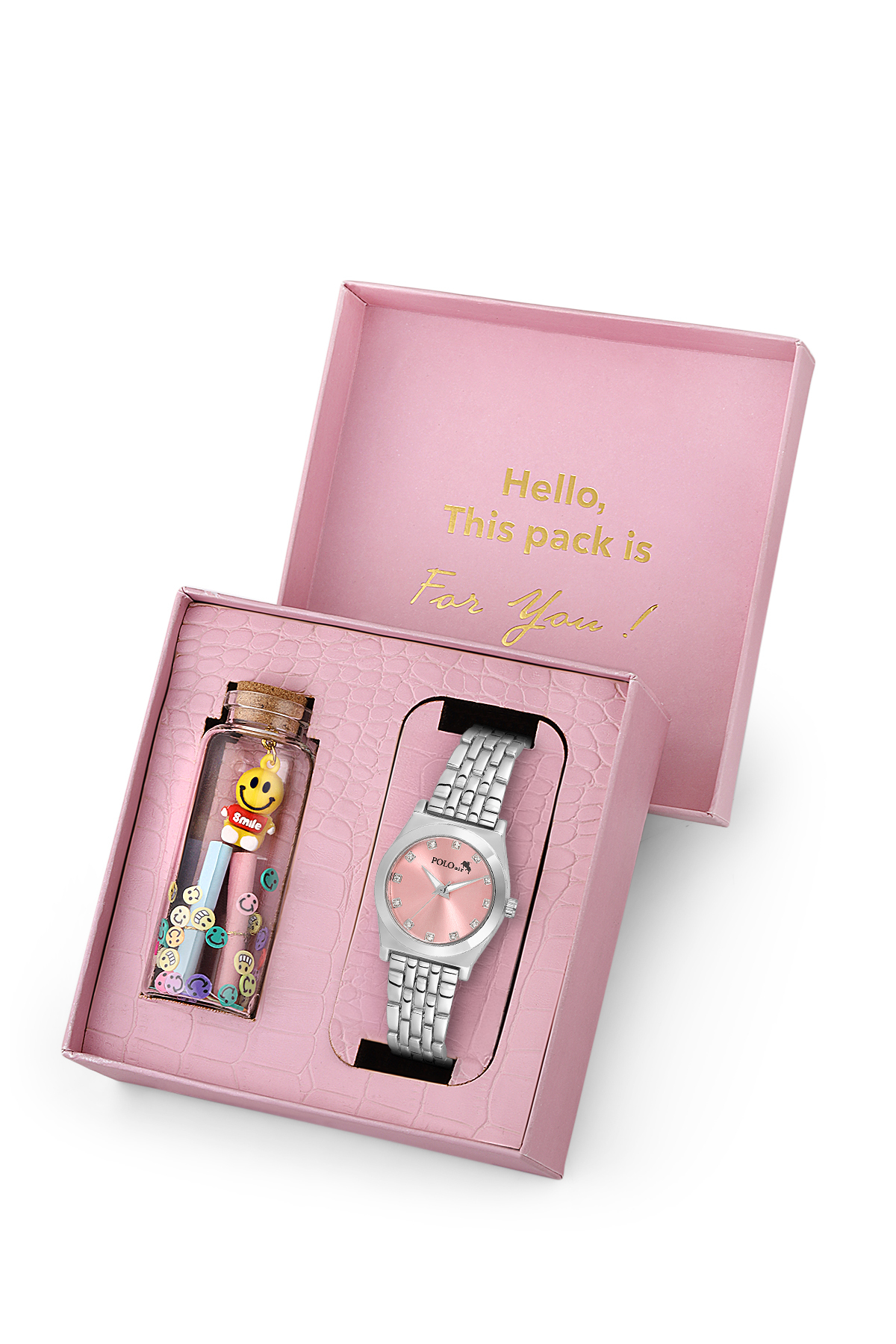 Zarif Kadın Kol Saati Ve Smile Figürlü Özel Notlu Cam Dilek Şişe Seti Gümüş Pembe Renk St-2184S3 Pembe St-2184S3