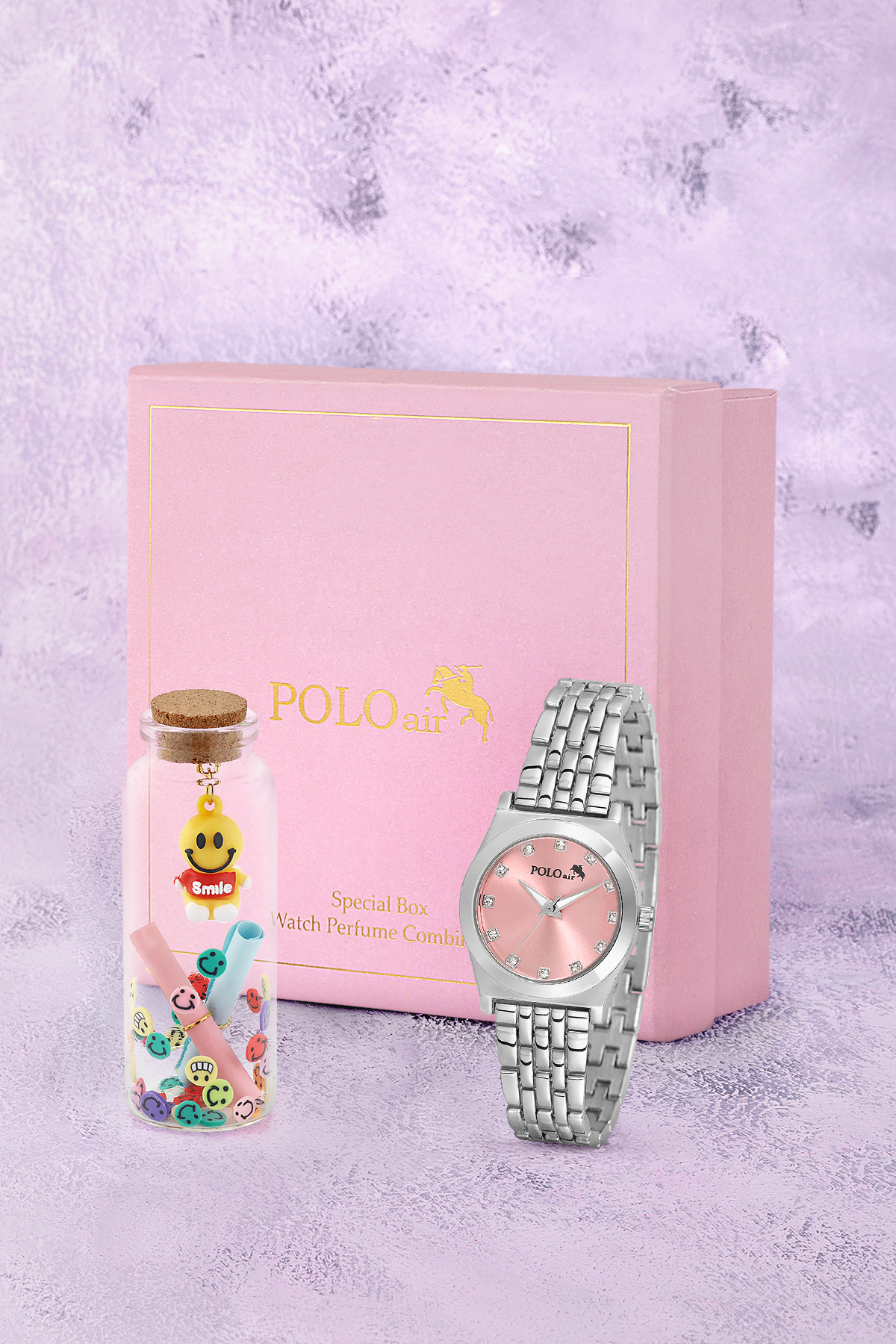 Zarif Kadın Kol Saati Ve Smile Figürlü Özel Notlu Cam Dilek Şişe Seti Gümüş Pembe Renk St-2184S3 Pembe St-2184S3