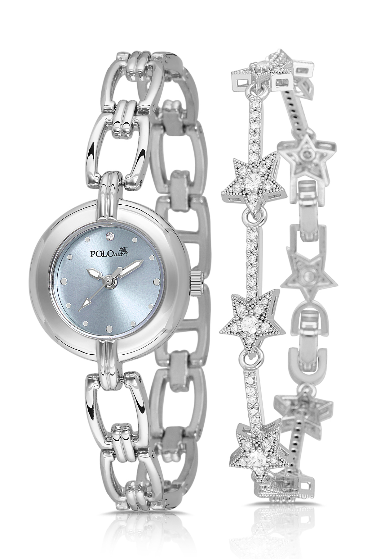 Zincir Kordon Zarif Kadın Kol Saati Yıldız Bileklik Kombin Gümüş Mavi Renk Pl-1591B5 Mavi-Gümüş Pl-1591B5