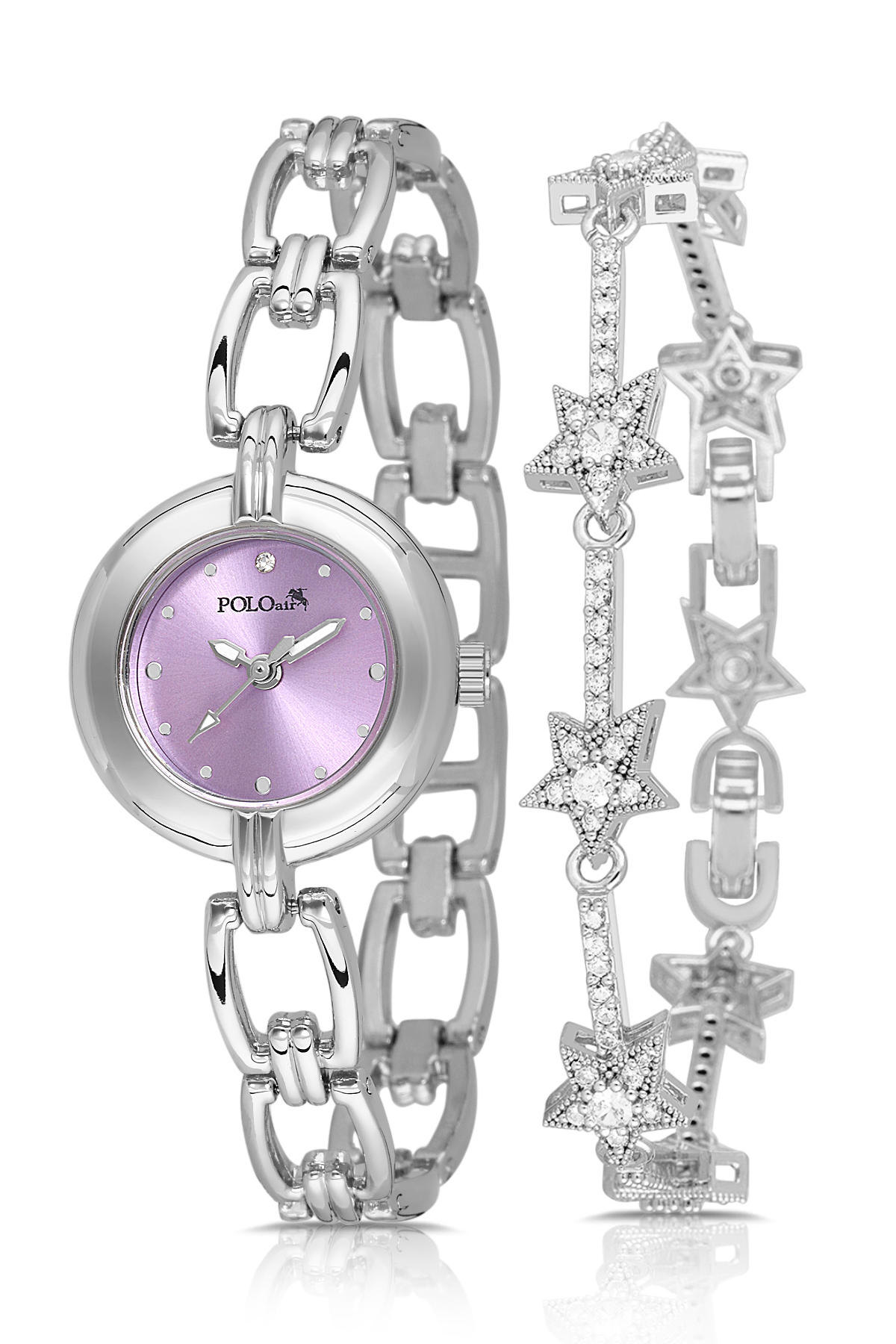 Zincir Kordon Zarif Kadın Kol Saati Yıldız Bileklik Kombin Gümüş Mor Renk Pl-1591B7 Mor-Gümüş Pl-1591B7