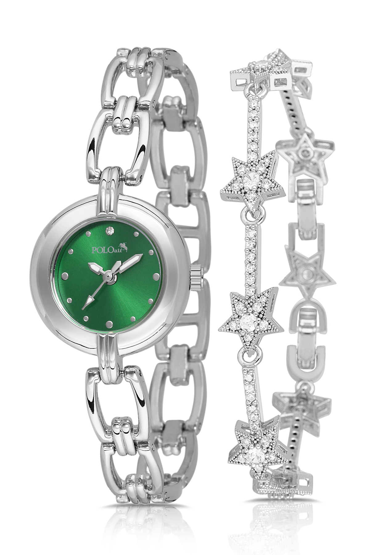 Zincir Kordon Zarif Kadın Kol Saati Yıldız Bileklik Kombin Gümüş Yeşil Renk Pl-1591B6 Yeşil-Gümüş Pl-1591B6