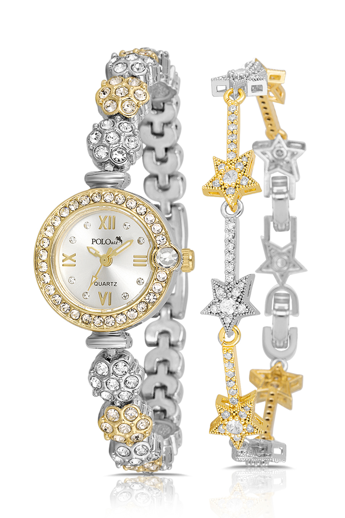 Çiçek Desen Kordon Kadın Kol Saati Yıldız Bileklik Kombin Gold Gümüş Renk Pl-1584B3 Gümüş Pl-1584B3