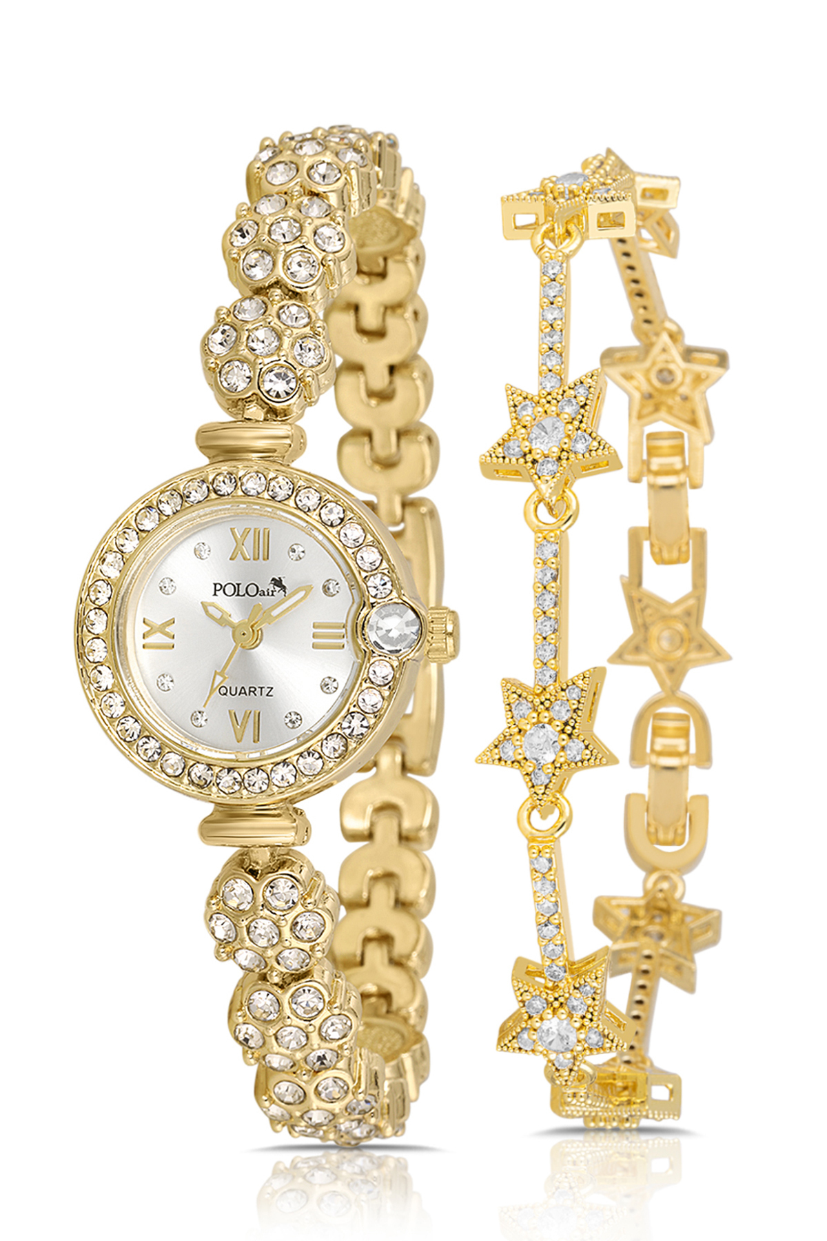 Çiçek Desen Kordon Kadın Kol Saati Yıldız Bileklik Kombin Gold Renk Pl-1584B1 Altın Pl-1584B1