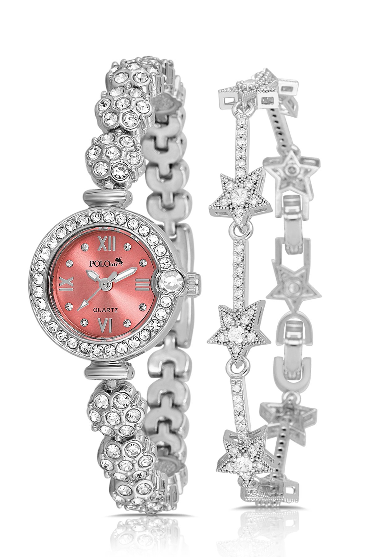 Çiçek Desen Kordon Kadın Kol Saati Yıldız Bileklik Kombin Gümüş Kırmızı Renk Pl-1584B8 Kırmızı Pl-1584B8