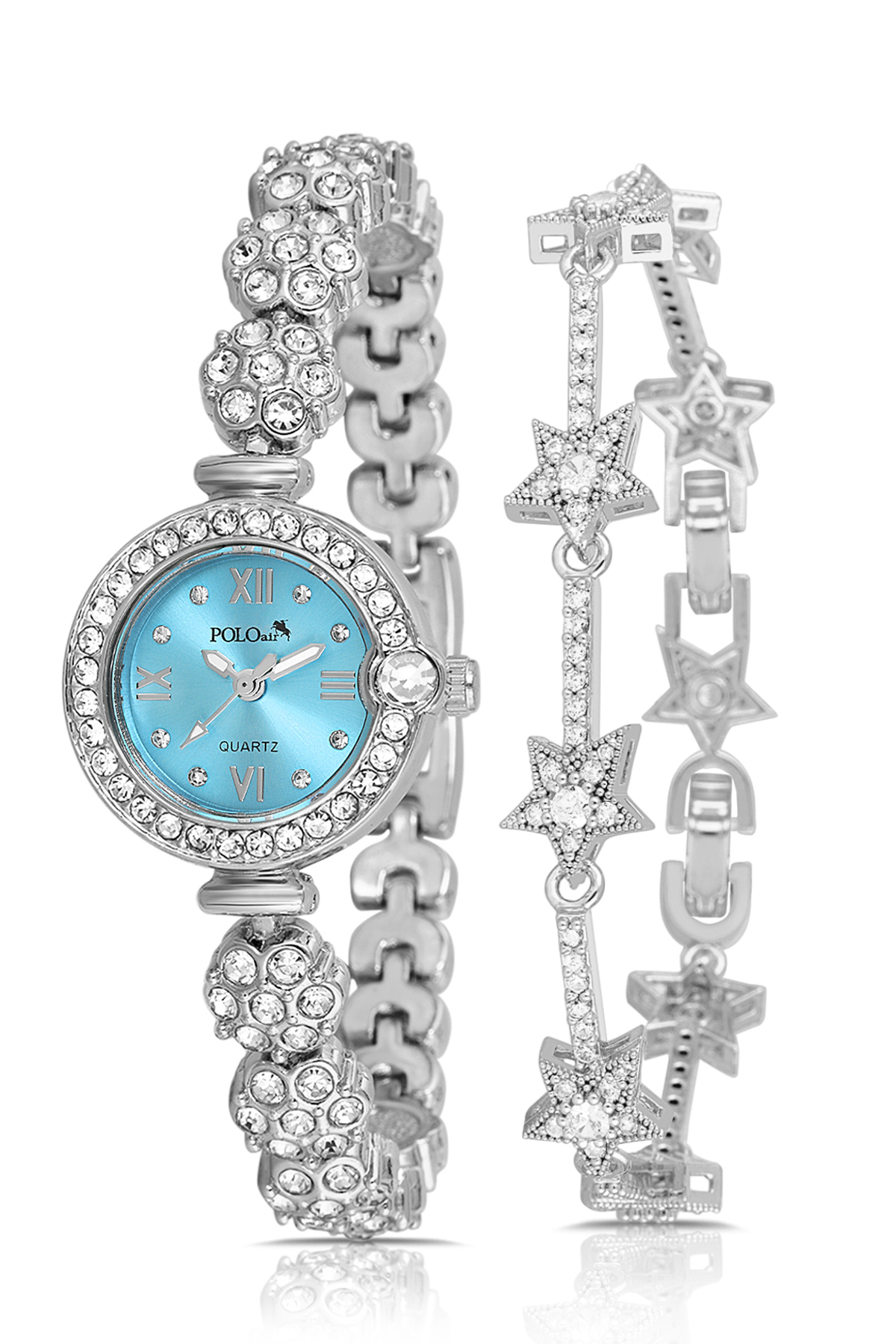 Çiçek Desen Kordon Kadın Kol Saati Yıldız Bileklik Kombin Gümüş Mavi Renk Pl-1584B6 Mavi Pl-1584B6