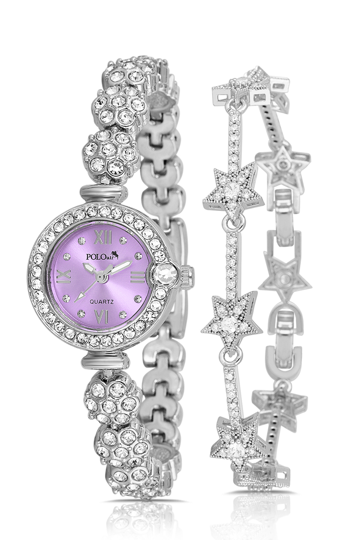 Çiçek Desen Kordon Kadın Kol Saati Yıldız Bileklik Kombin Gümüş Mor Renk Pl-1584B7 Mor - Gümüş Pl-1584B7