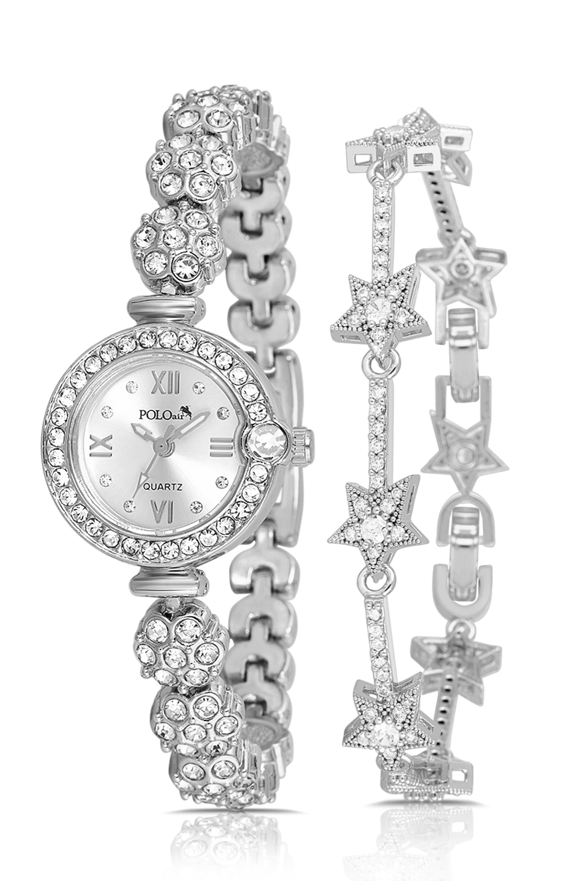 Çiçek Desen Kordon Kadın Kol Saati Yıldız Bileklik Kombin Gümüş Renk Pl-1584B2 Gümüş Pl-1584B2