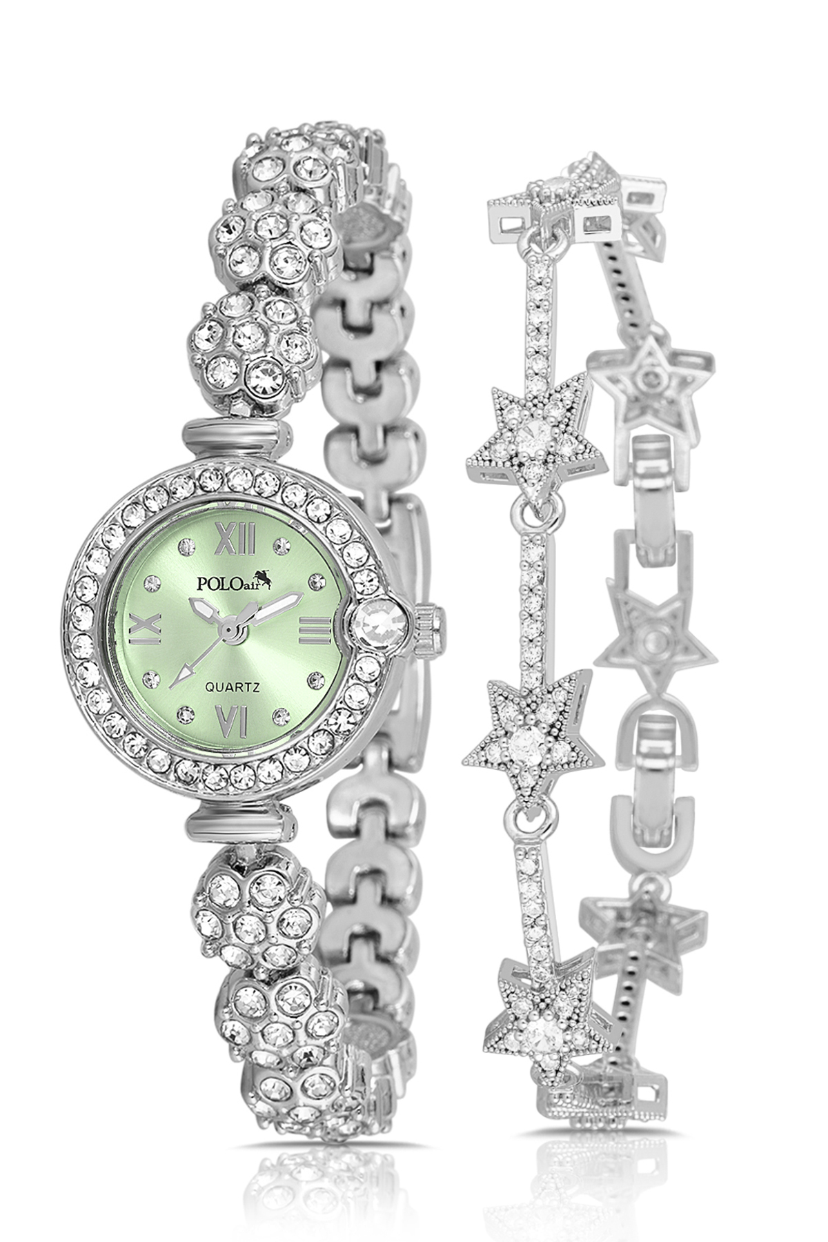 Çiçek Desen Kordon Kadın Kol Saati Yıldız Bileklik Kombin Gümüş Yeşil Renk Pl-1584B5 Yeşil - Gümüş Pl-1584B5