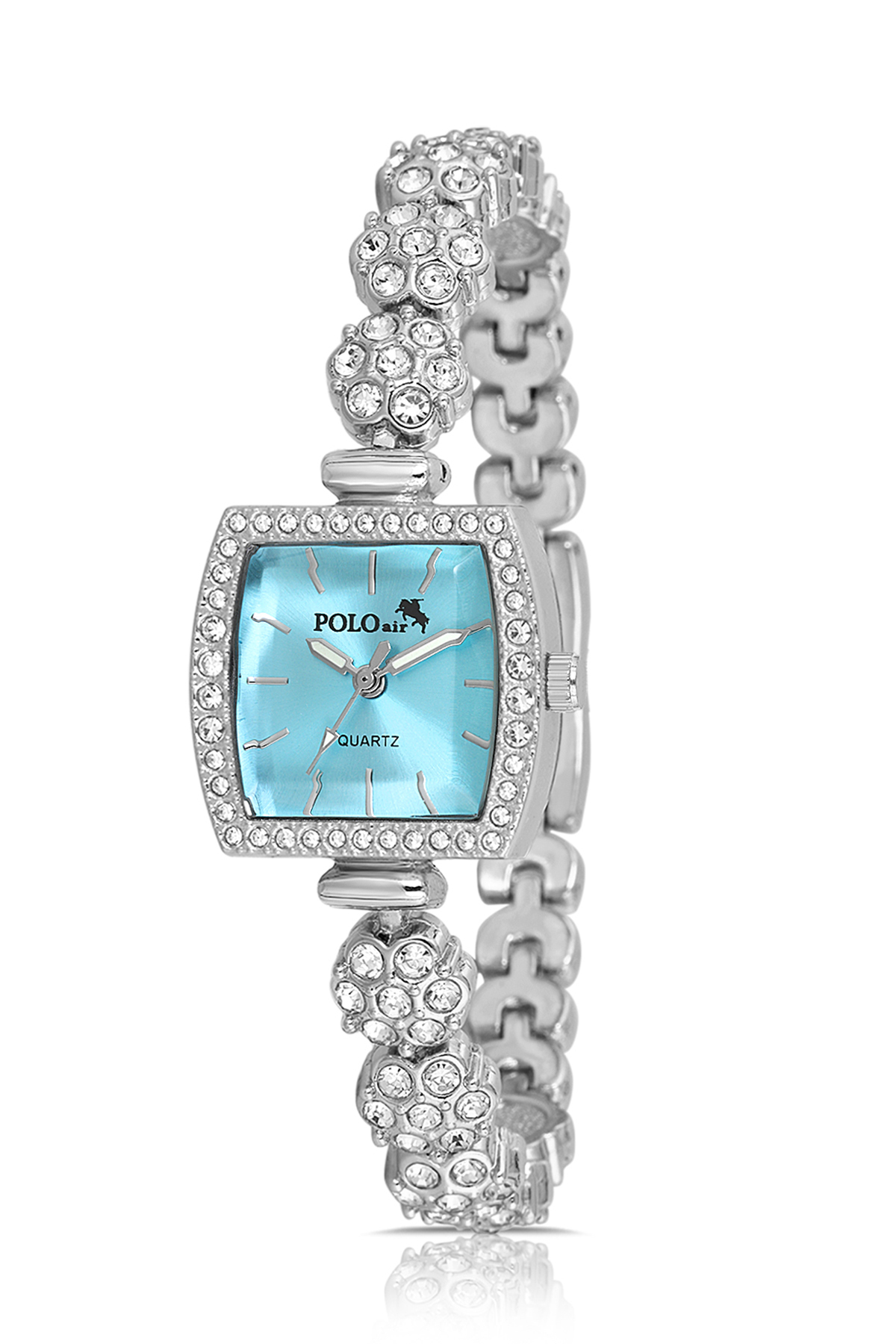 Çiçek Taşlı Kordon Kadın Kol Saati Oval Bileklik Kombin Gümüş Mavi Renk Pl-1583B4 Mavi Pl-1583B4