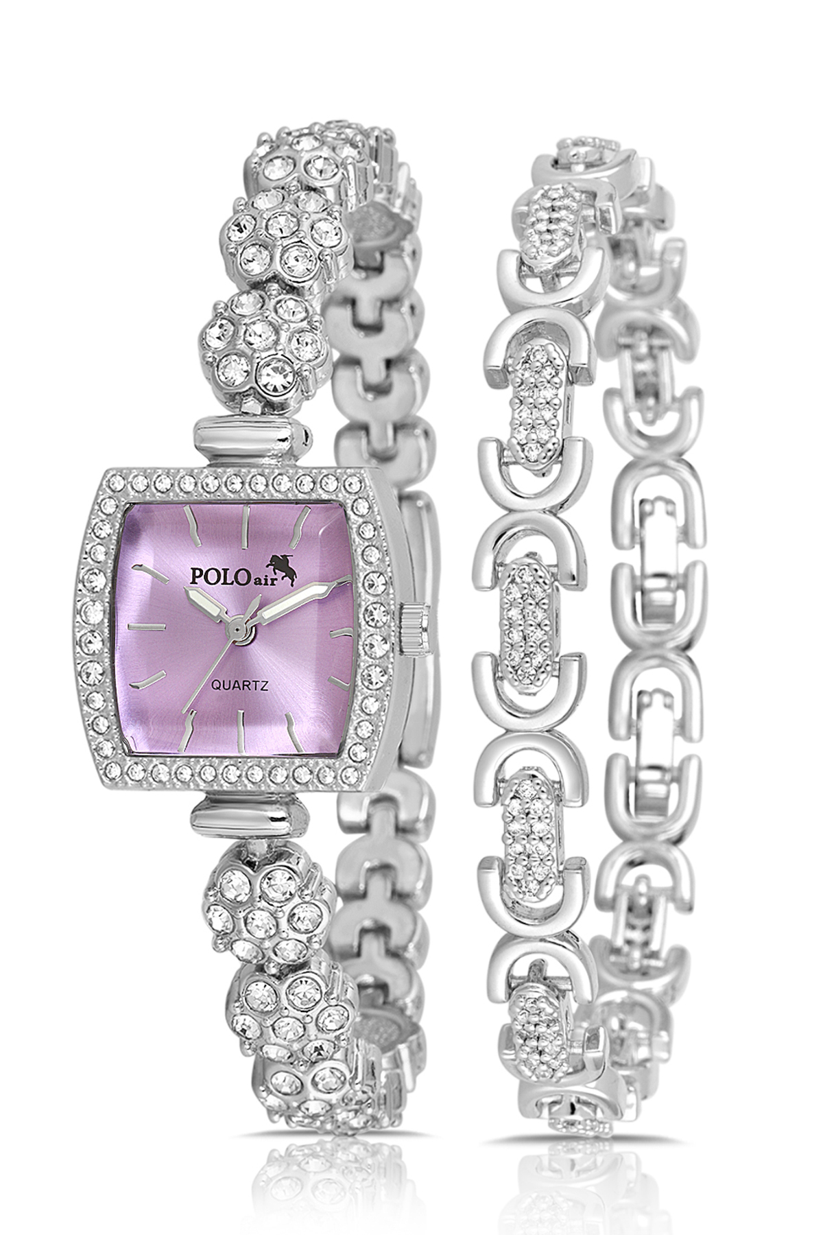 Çiçek Taşlı Kordon Kadın Kol Saati Oval Bileklik Kombin Gümüş Mor Renk Pl-1583B5 Mor - Gümüş Pl-1583B5