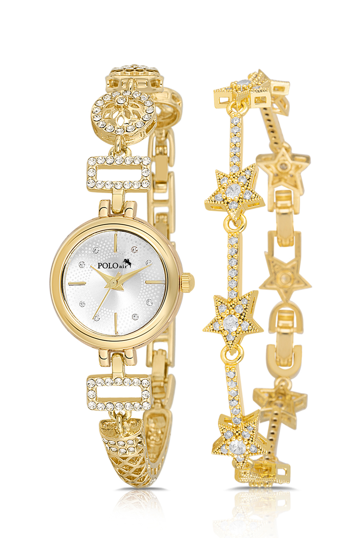 Desen Lüx Taşlı Kadın Kol Yıldız Bileklik Kombin Saati Gold Renk Pl-1580B1 Altın Pl-1580B1