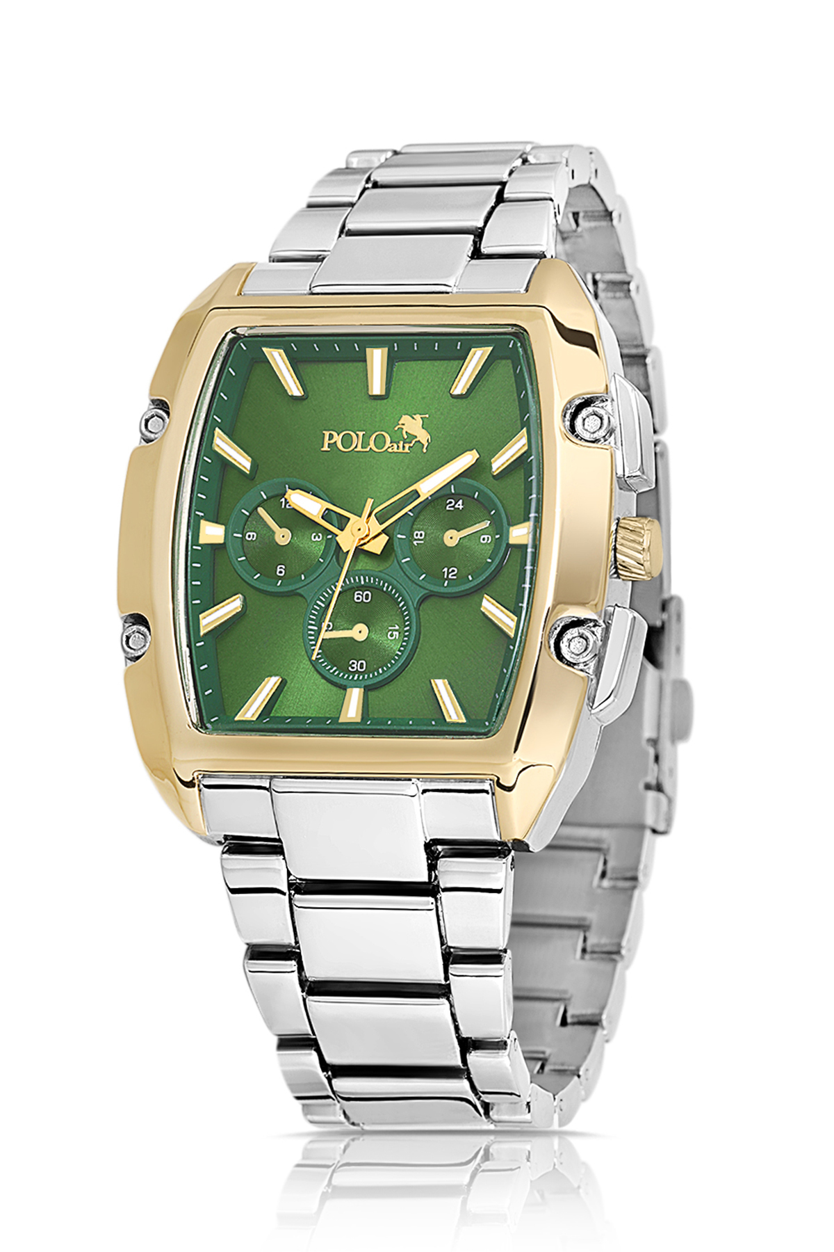 Dikdörtgen Kasa Erkek Kol Saati Gümüş Gold Yeşil Renk Pl-7027E3X Yeşil Pl-7027E3X