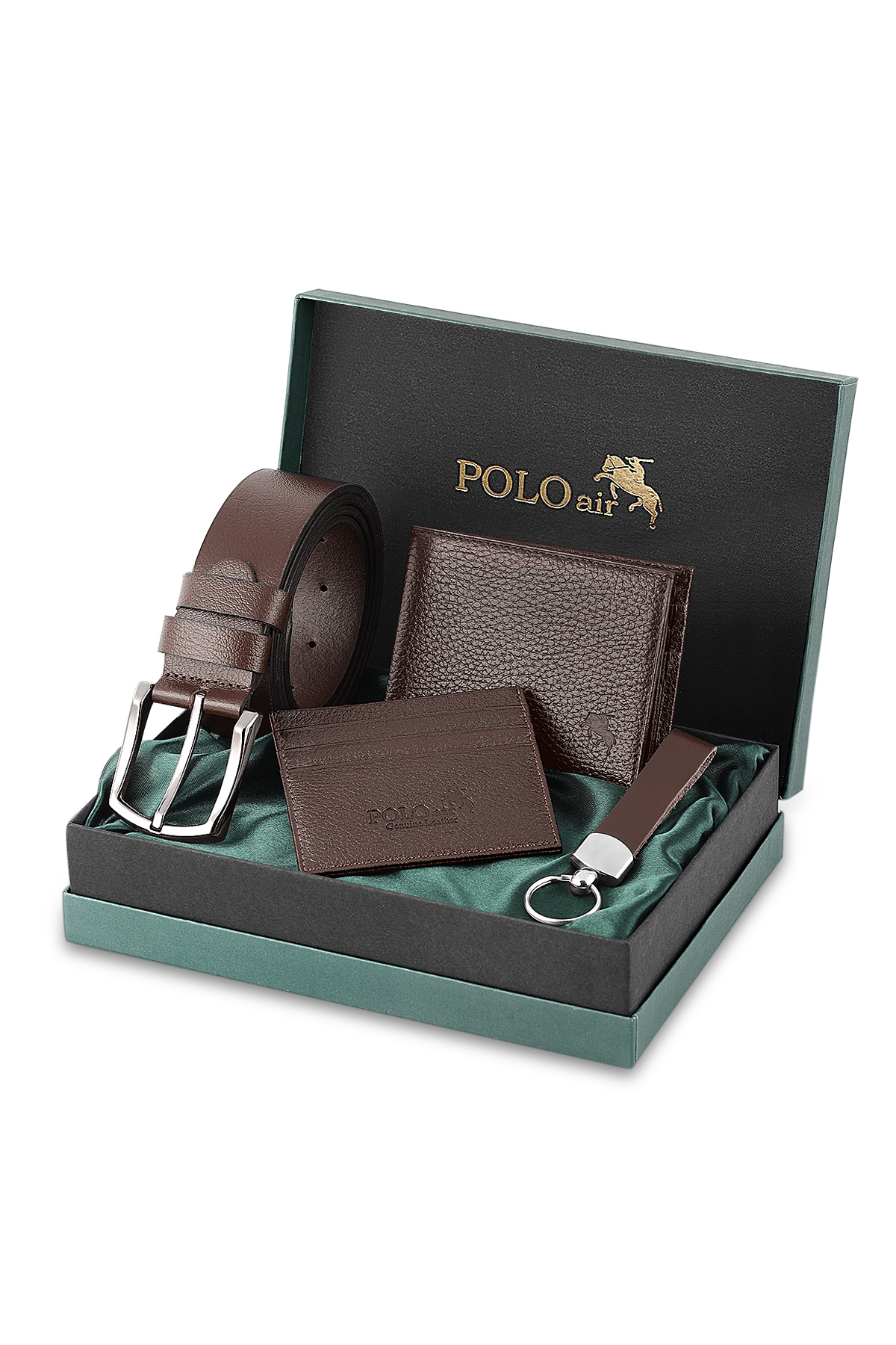 Erkek %100 Hakiki Deri Cüzdan Kartlık Kemer Anahtarlık Kombin Set Kahverengi Renk Hm-8003-K Kahverengi Hm-8003-K