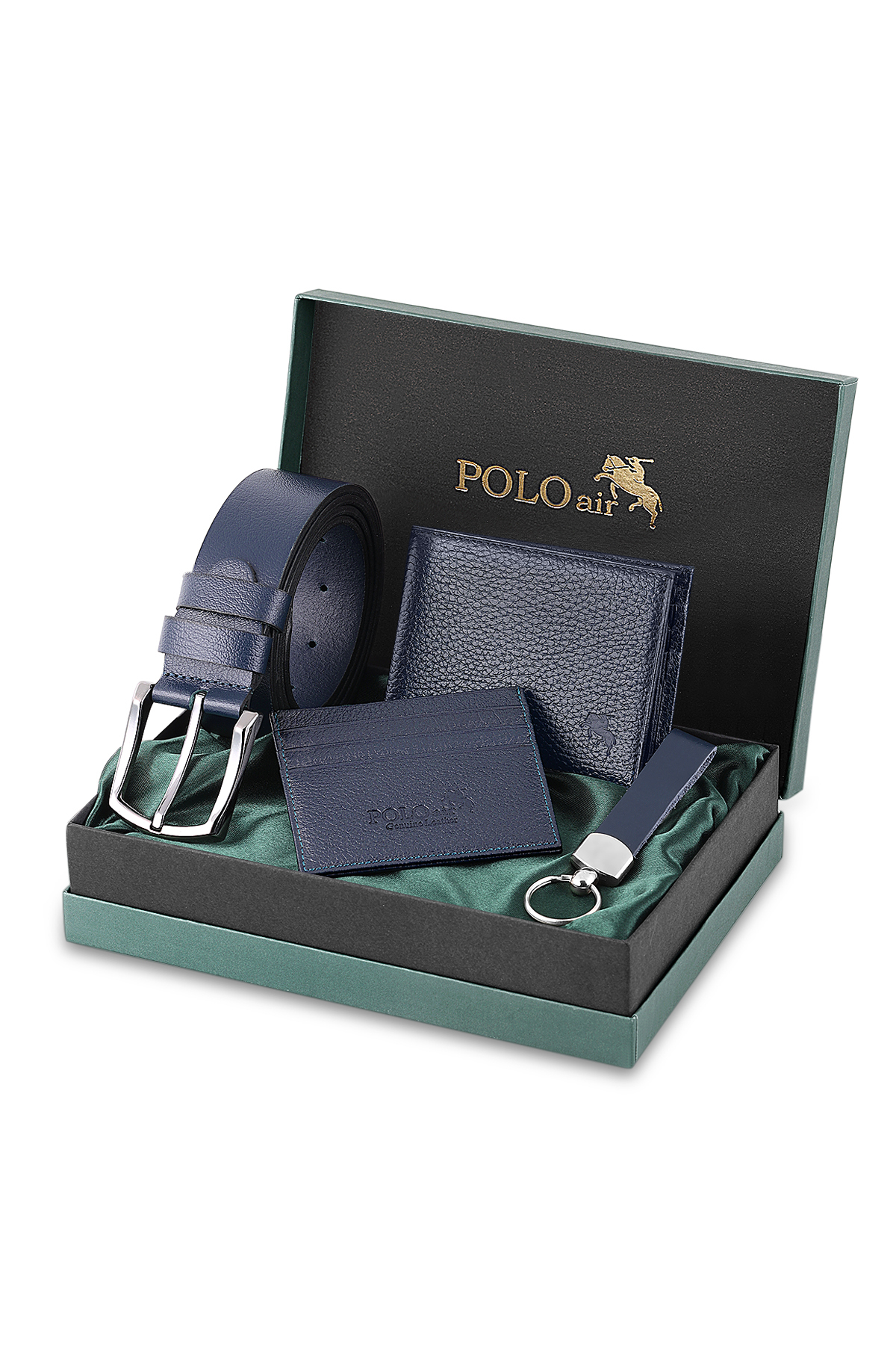 Erkek %100 Hakiki Deri Cüzdan Kartlık Kemer Anahtarlık Kombin Set Lacivert Renk Hm-8003-L Lacivert Hm-8003-L