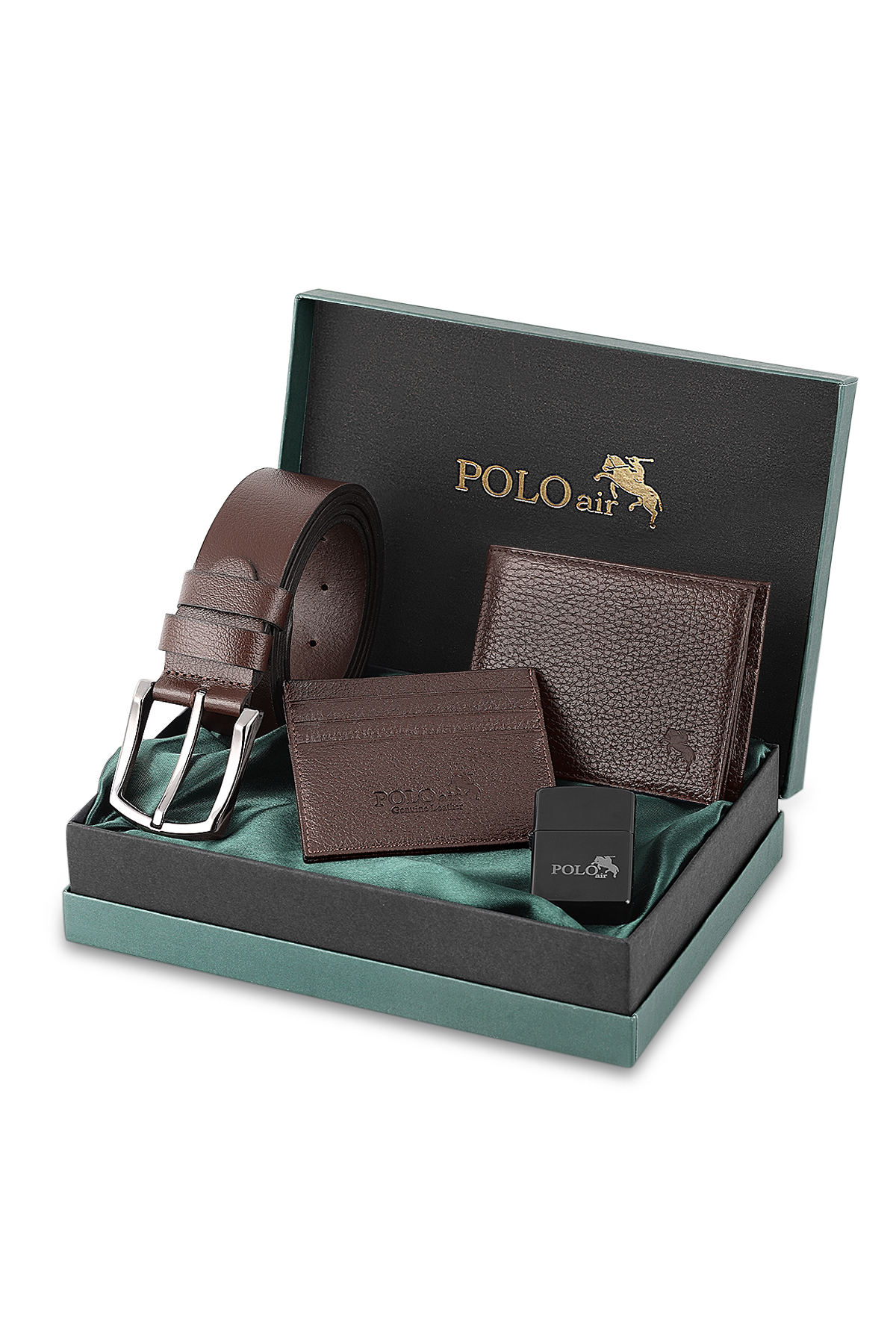 Erkek %100 Hakiki Deri Cüzdan Kartlık Kemer Çakmak Kombin Set Kahverengi Renk Cm-8003-K Kahverengi Cm-8003-K