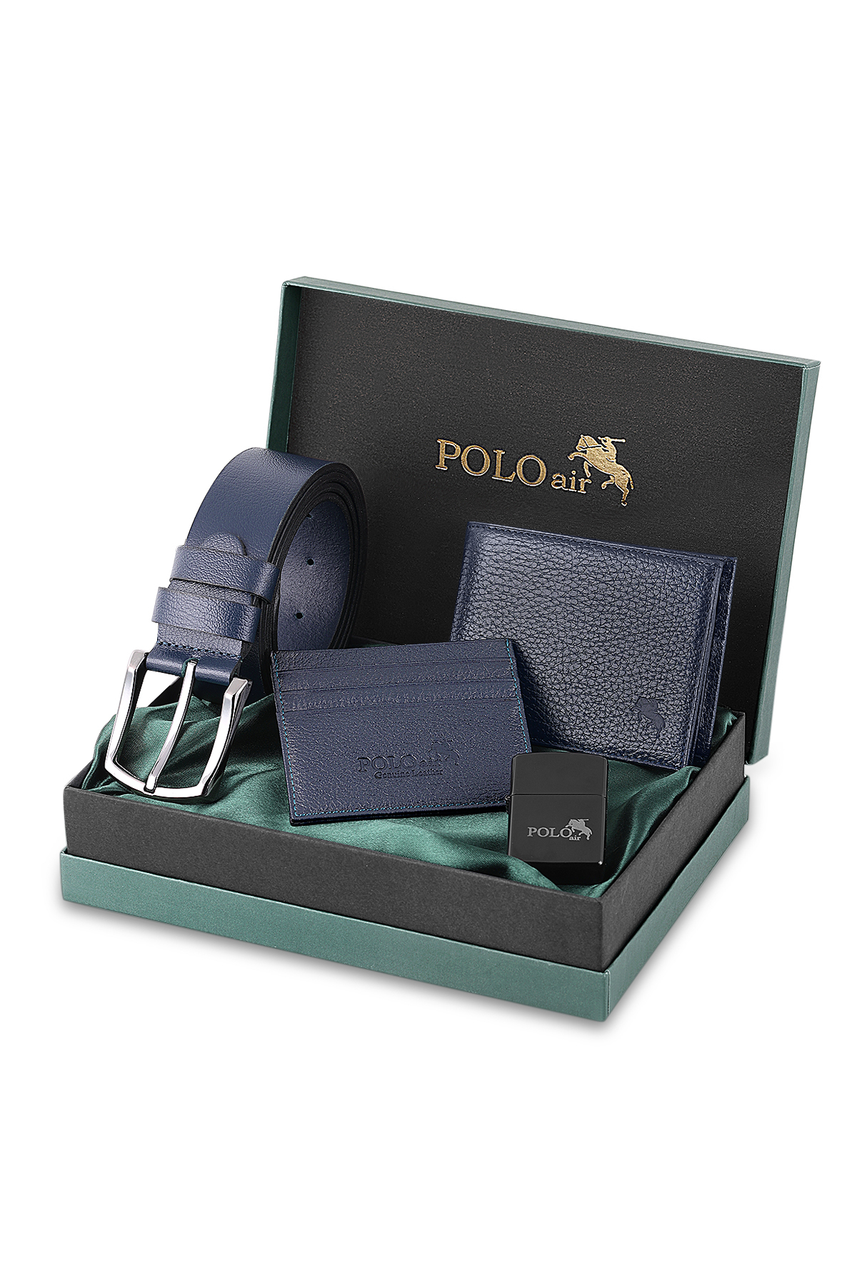 Erkek %100 Hakiki Deri Cüzdan Kartlık Kemer Çakmak Kombin Set Lacivert Renk Cm-8003-L Lacivert Cm-8003-L