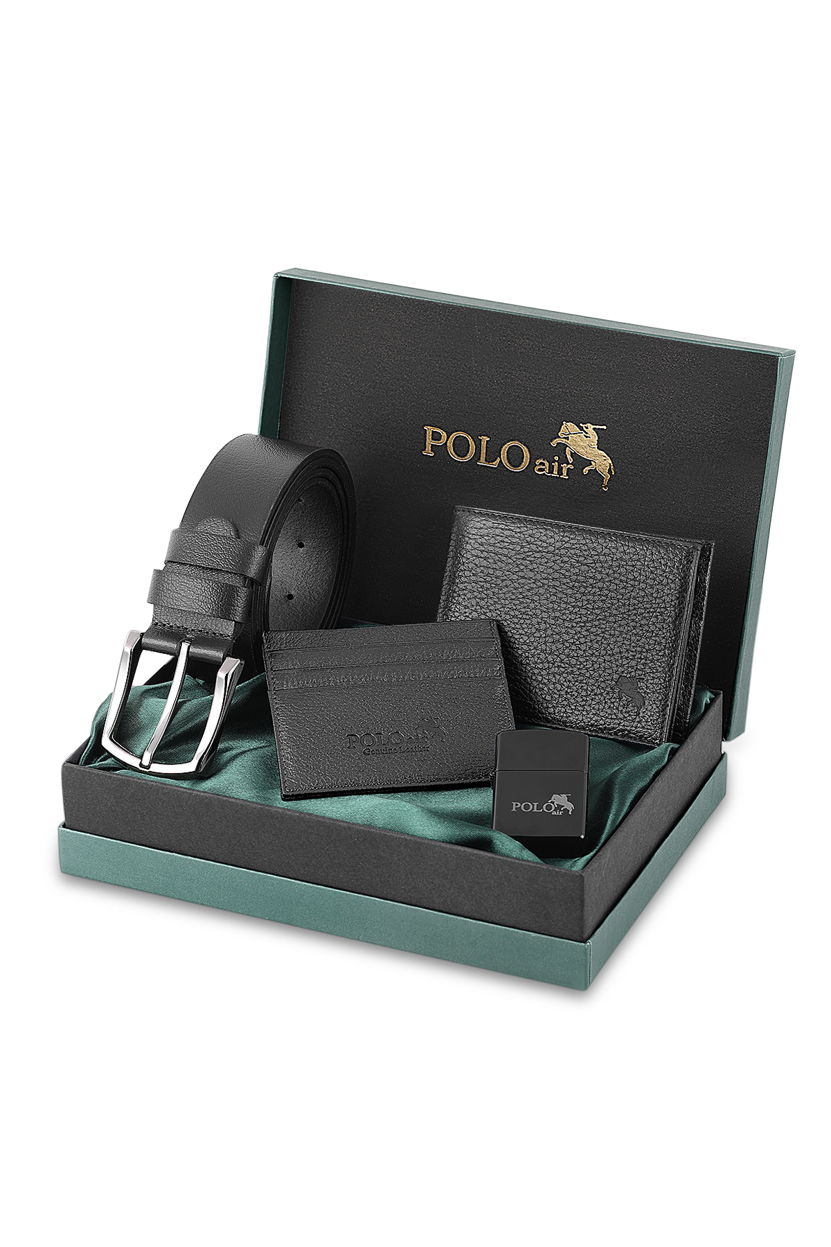 Erkek %100 Hakiki Deri Cüzdan Kartlık Kemer Çakmak Kombin Set Siyah Renk Cm-8003-S Siyah Cm-8003-S