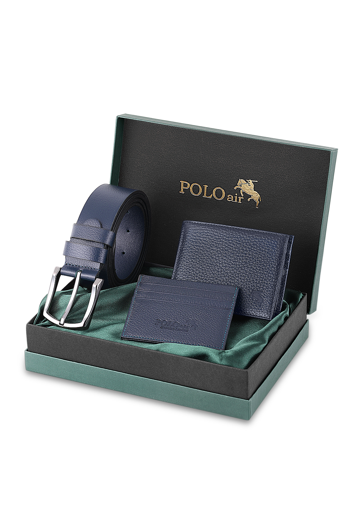 Erkek %100 Hakiki Deri Cüzdan Kartlık Kemer Kombin Set Lacivert Renk M-8003-L Lacivert M-8003-L