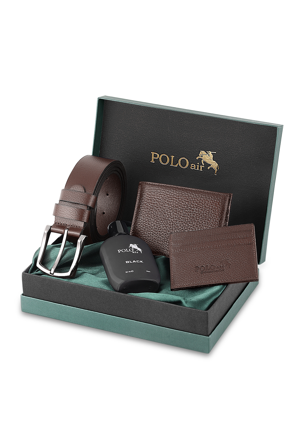 Erkek %100 Hakiki Deri Cüzdan Kartlık Kemer Parfüm Kombin Set Kahverengi Renk Pm-8003-K Kahverengi Pm-8003-K