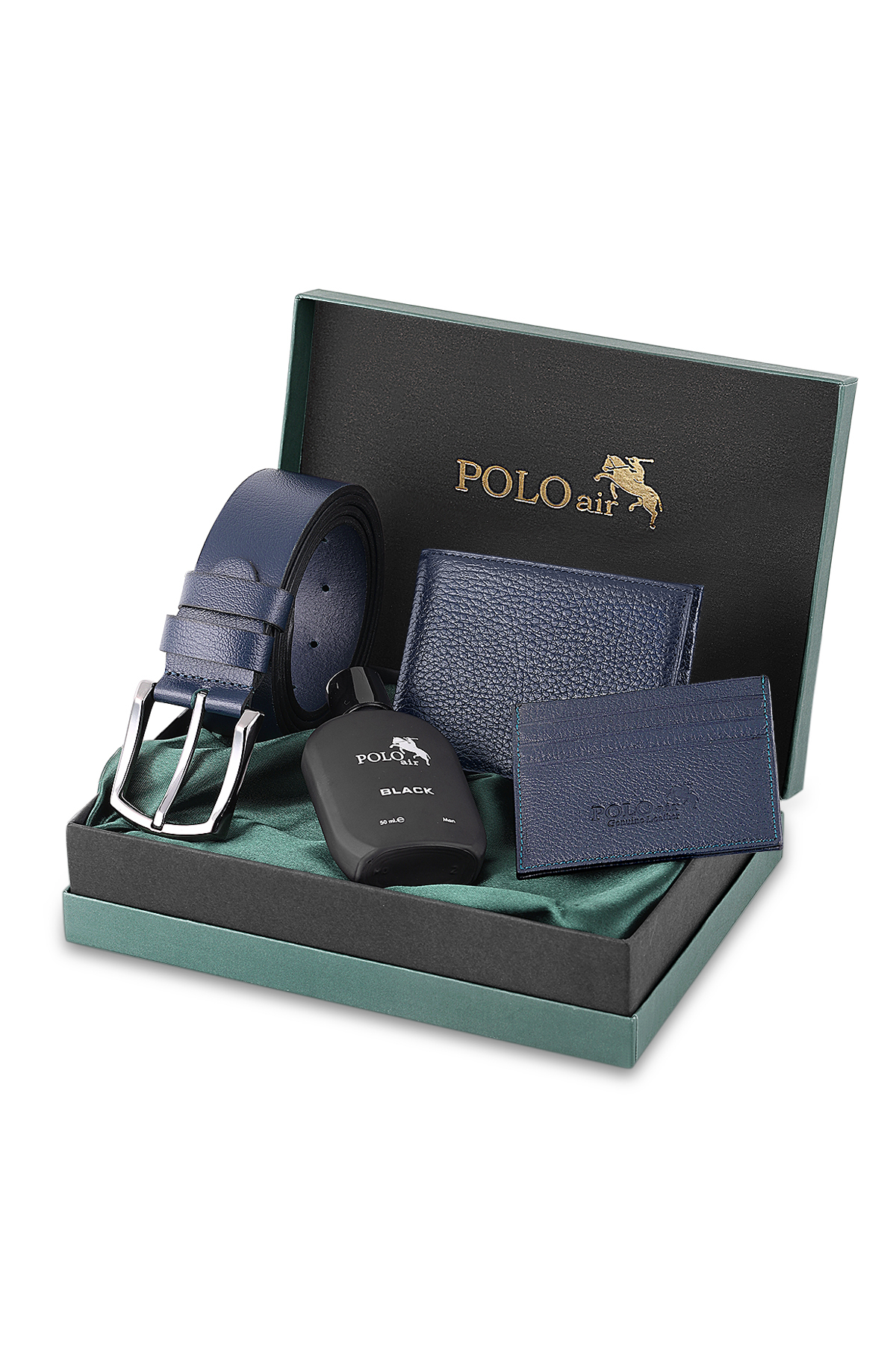 Erkek %100 Hakiki Deri Cüzdan Kartlık Kemer Parfüm Kombin Set Lacivert Renk Pm-8003-L Lacivert Pm-8003-L
