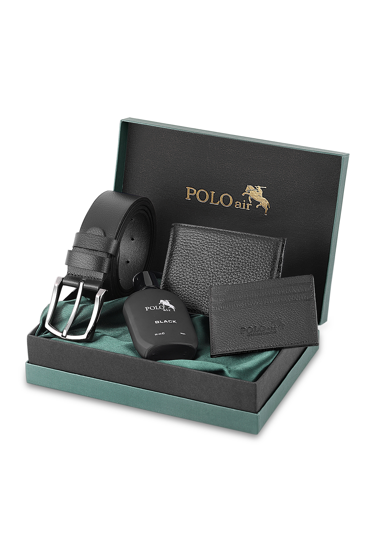 Erkek %100 Hakiki Deri Cüzdan Kartlık Kemer Parfüm Kombin Set Siyah Renk Pm-8003-S Siyah Pm-8003-S