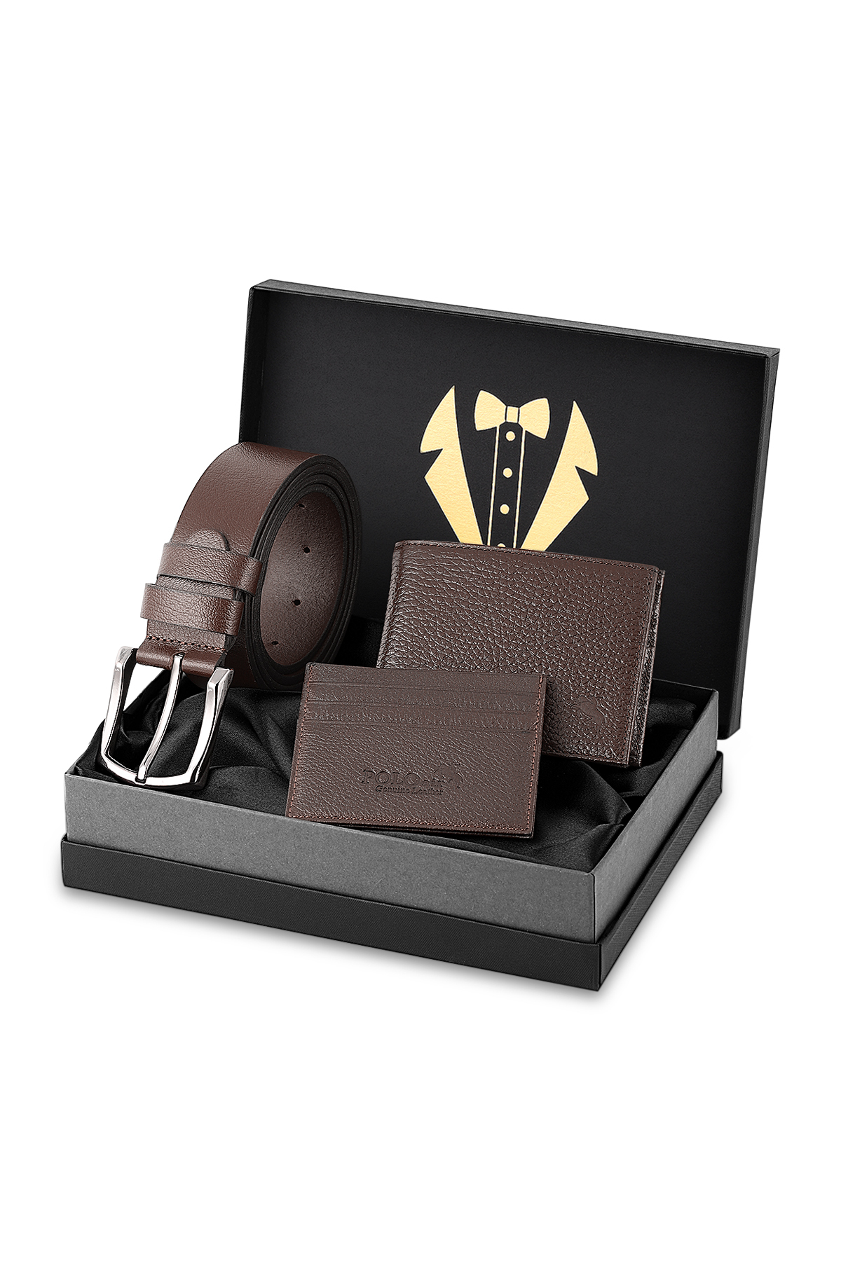 Erkek Damat Çeyiz Bohçası %100 Hakiki Deri Cüzdan Kartlık Kemer Seti Kahverengi Renk Dm-8002-K Kahverengi Dm-8002-K