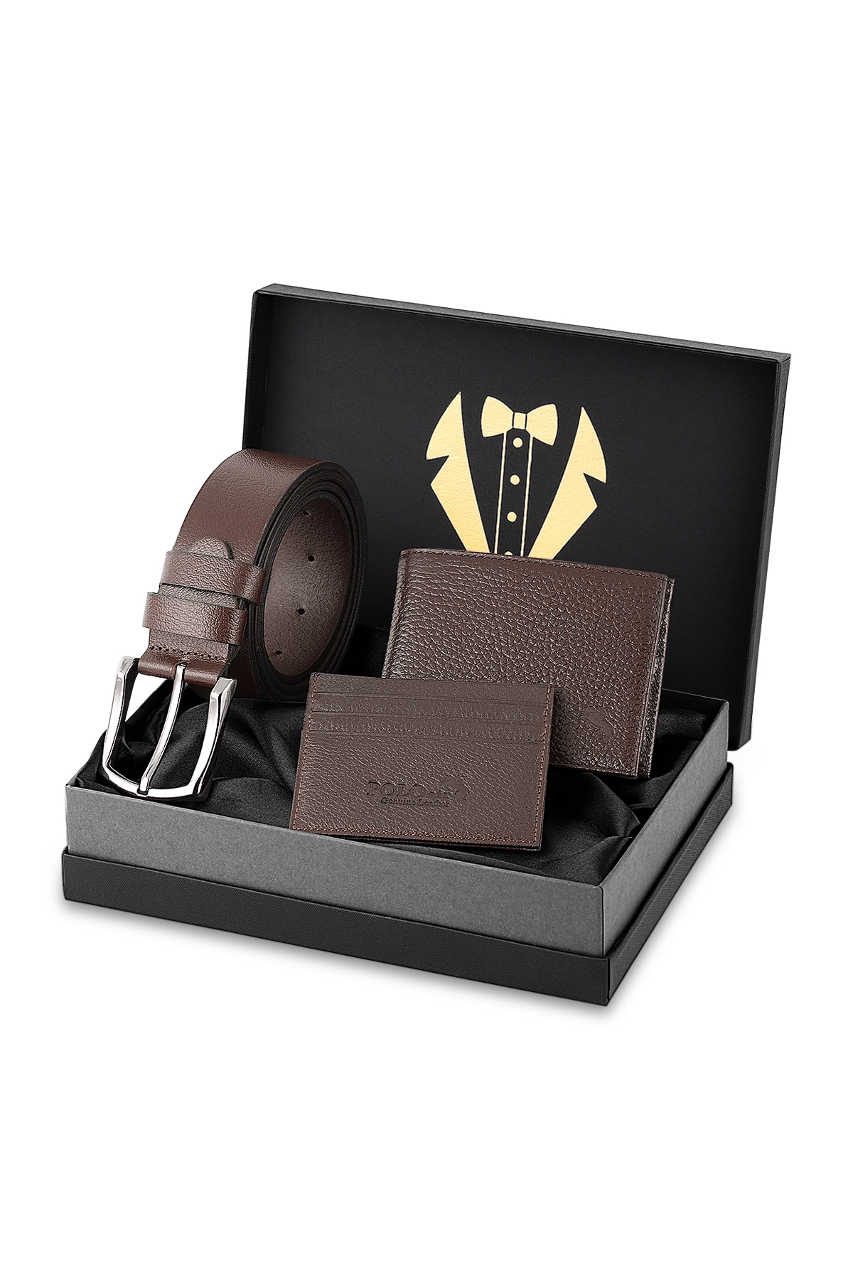 Erkek Damat Çeyiz Bohçası %100 Hakiki Deri Cüzdan Kartlık Kemer Seti Kahverengi Renk Dm-8002-K Kahverengi Dm-8002-K