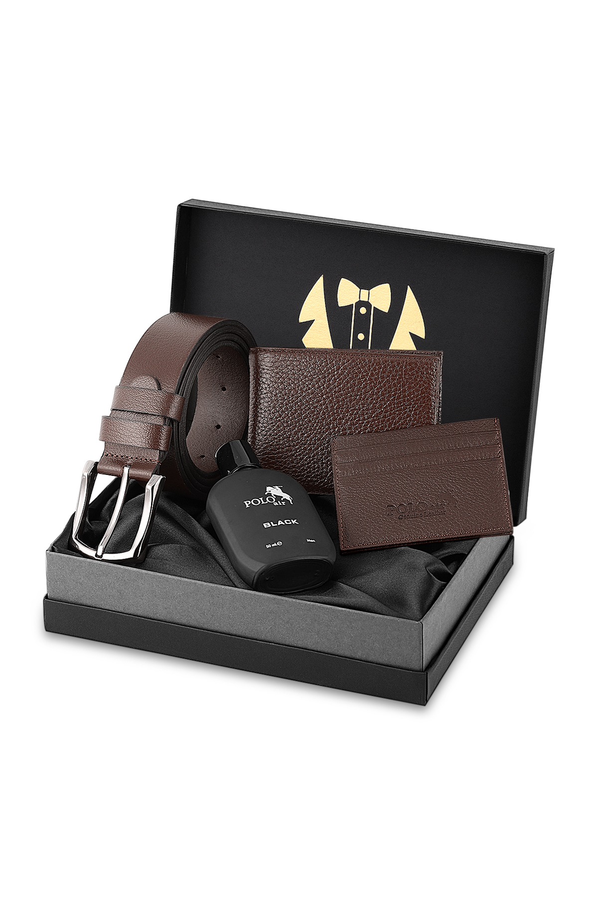 Erkek Damat Seti %100 Hakiki Deri Cüzdan Kartlık Kemer Parfüm Kombin Kahverengi Renk P-Dm-8002-K Kahverengi P-Dm-8002-K