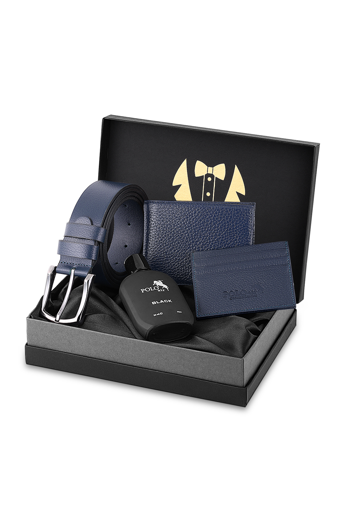 Erkek Damat Seti %100 Hakiki Deri Cüzdan Kartlık Kemer Parfüm Kombin Lacivert Renk P-Dm-8002-L Lacivert P-Dm-8002-L
