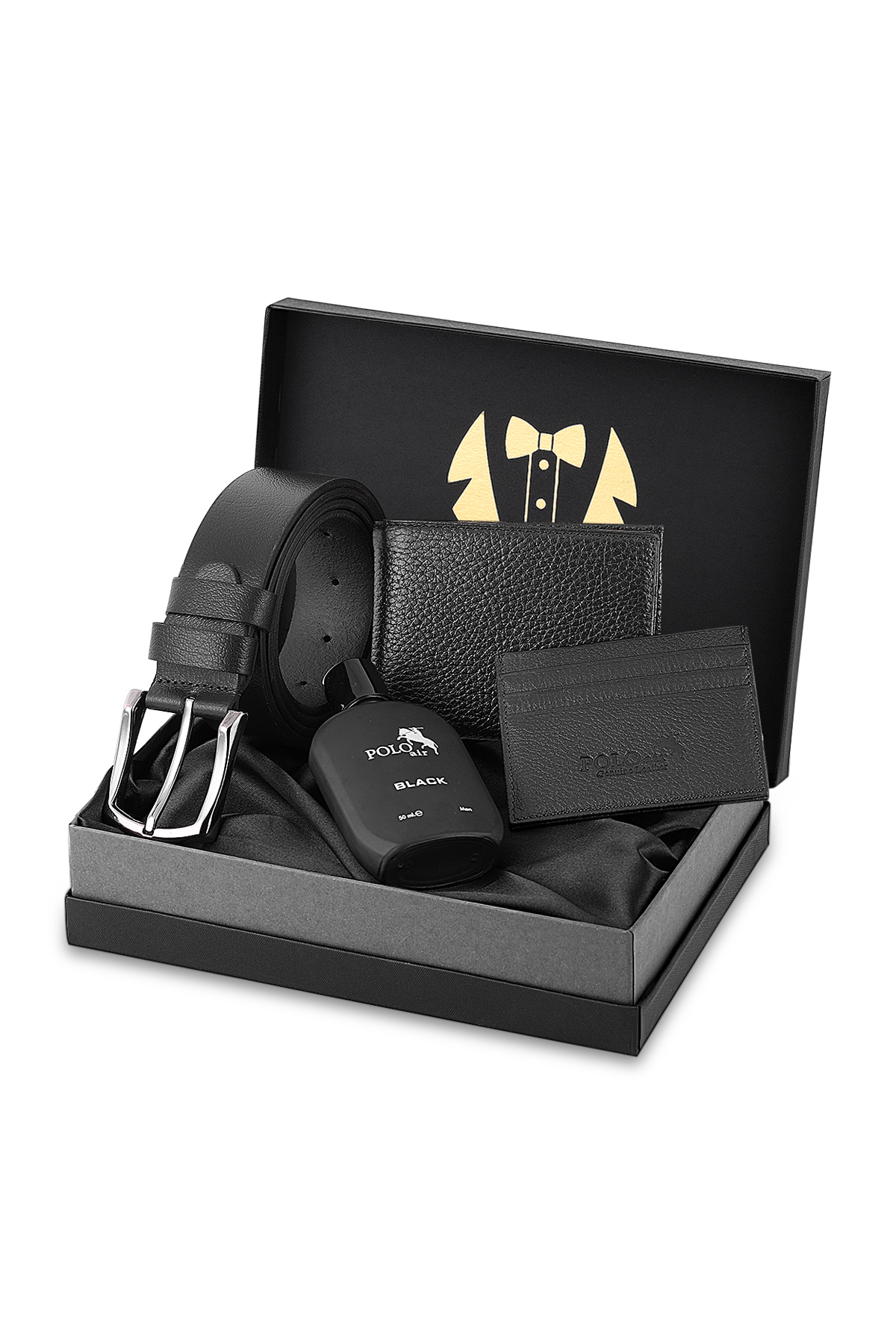 Erkek Damat Seti %100 Hakiki Deri Cüzdan Kartlık Kemer Parfüm Kombin Siyah Renk P-Dm-8002-S Siyah P-Dm-8002-S