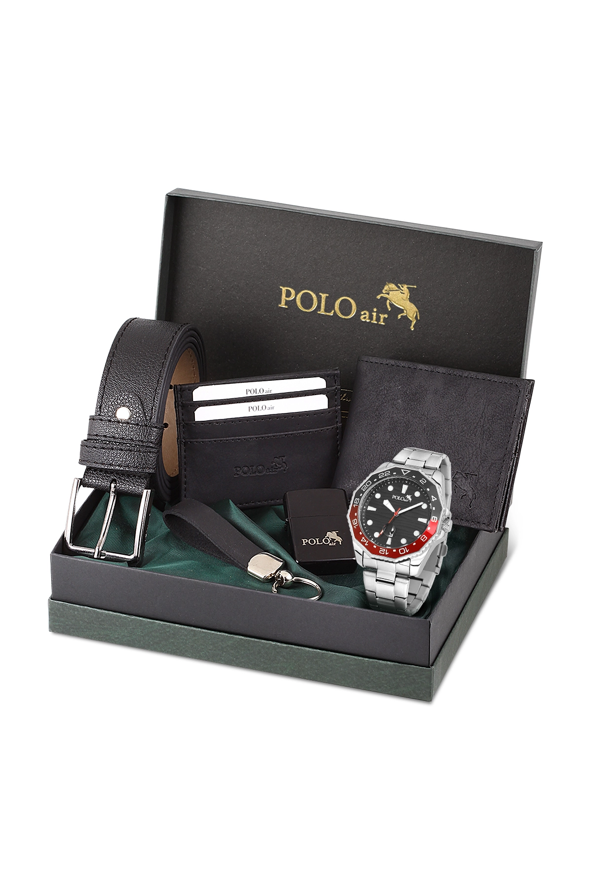Erkek Kol Saati Kemer Cüzdan Kartlık Anahtarlık Çakmak Hediyelik Kutusunda Gümüş Siyah Set Pl-7047E1 Gümüş Pl-7047E1