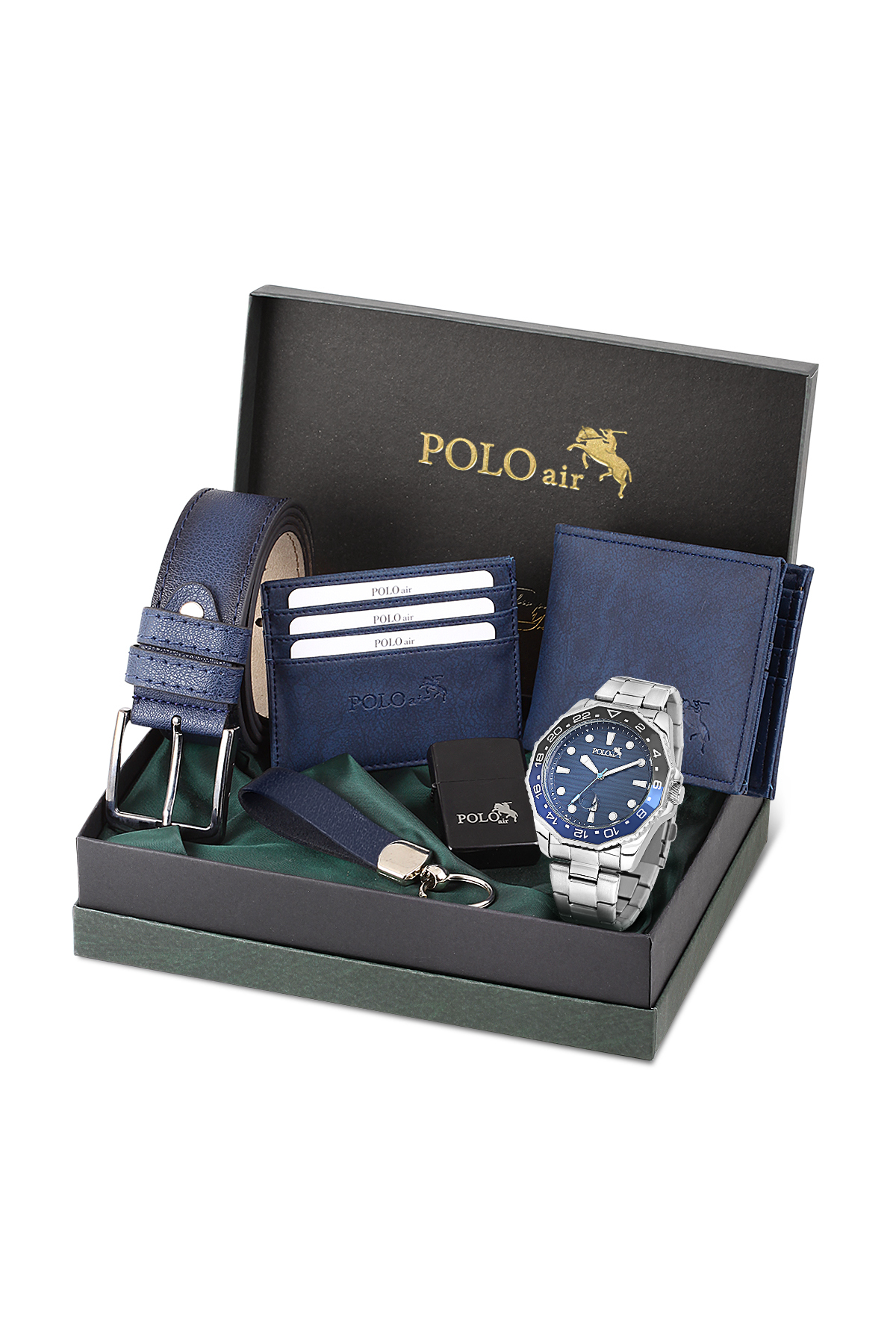 Erkek Kol Saati Kemer Cüzdan Kartlık Anahtarlık Çakmak Hediyelik Kutusunda Lacivert Set Pl-7047E2 Lacivert-Gümüş Pl-7047E2