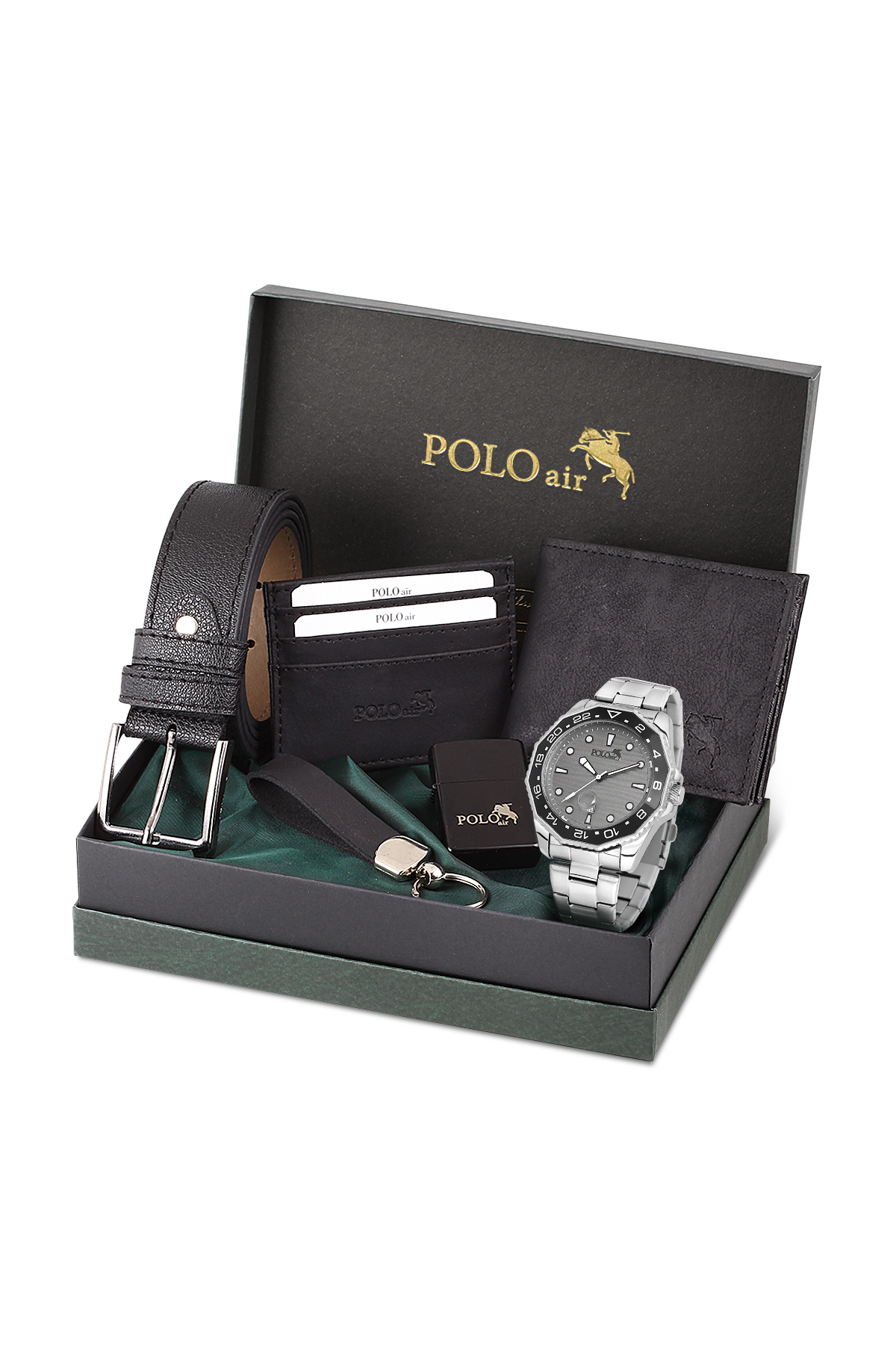 Erkek Kol Saati Kemer Cüzdan Kartlık Anahtarlık Çakmak Hediyelik Kutusunda Siyah Set Pl-7047E4 Siyah Pl-7047E4