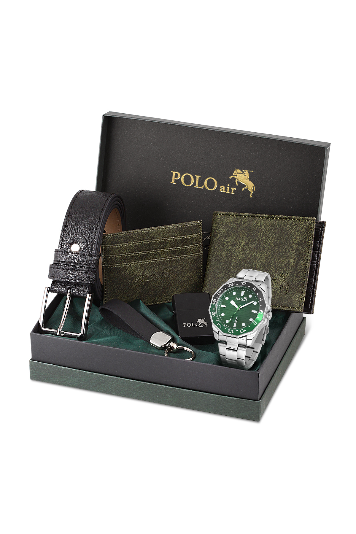 Erkek Kol Saati Kemer Cüzdan Kartlık Anahtarlık Çakmak Hediyelik Kutusunda Yeşil Set Pl-7047E3 Yeşil Pl-7047E3