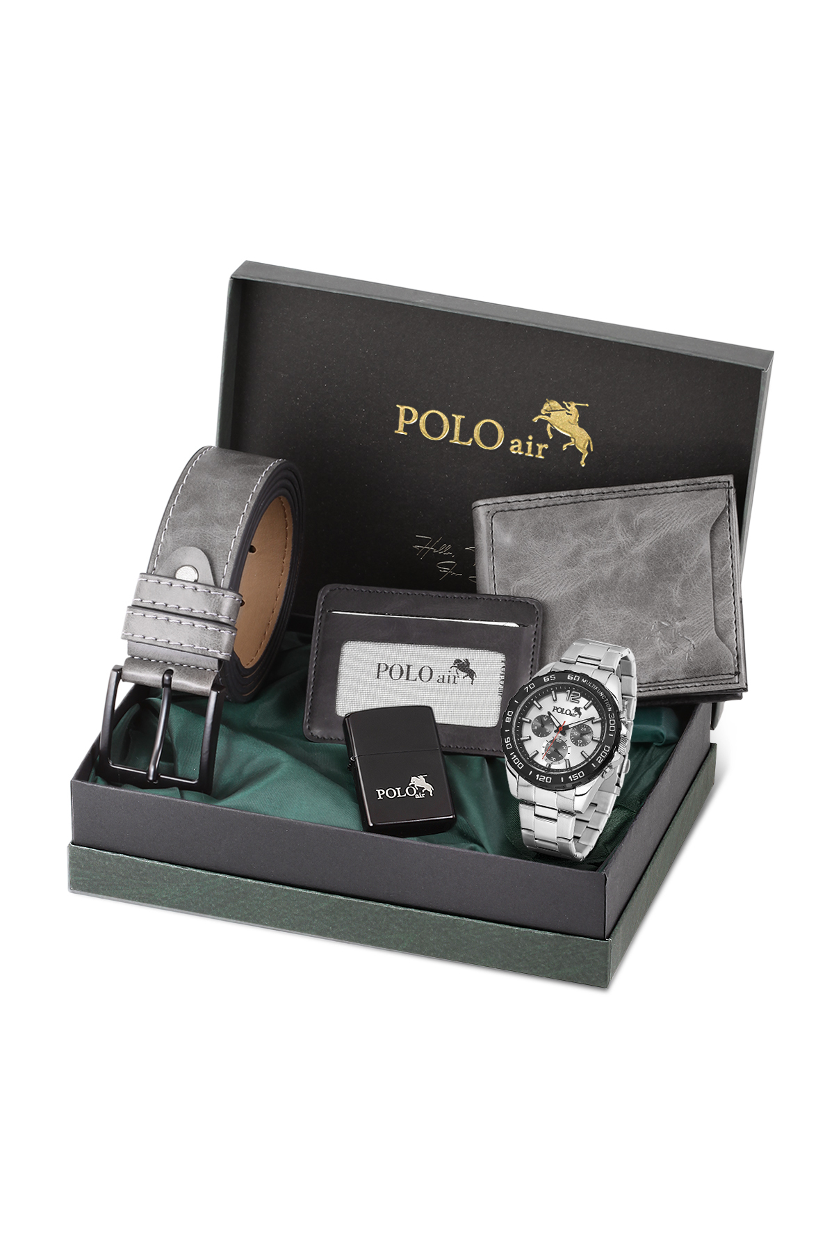 Erkek Kol Saati Kemer Cüzdan Kartlık Çakmak Hediyelik Kutusunda Gri Siyah Set Pl-7046E4 Gri Pl-7046E4