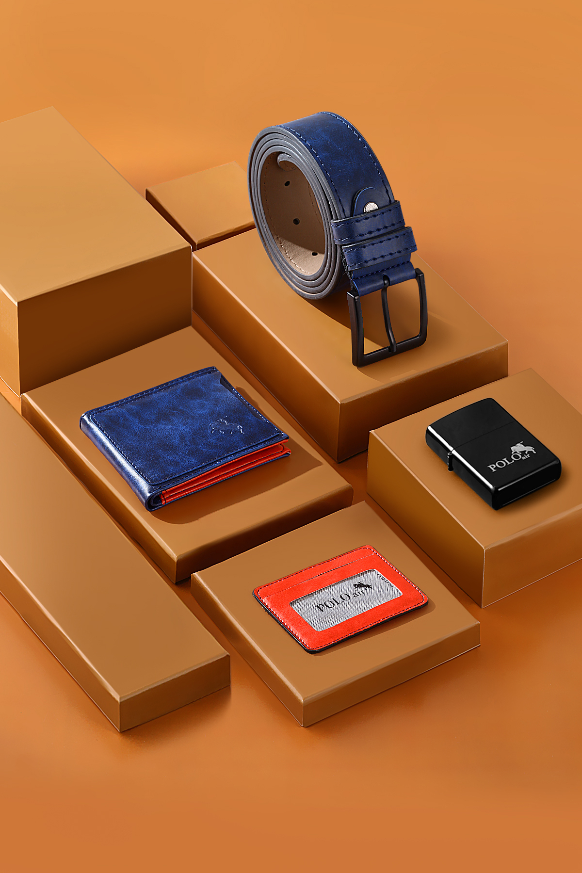 Erkek Kol Saati Kemer Cüzdan Kartlık Çakmak Hediyelik Kutusunda Lacivert Kırmızı Set Pl-7046E2 Lacivert Pl-7046E2