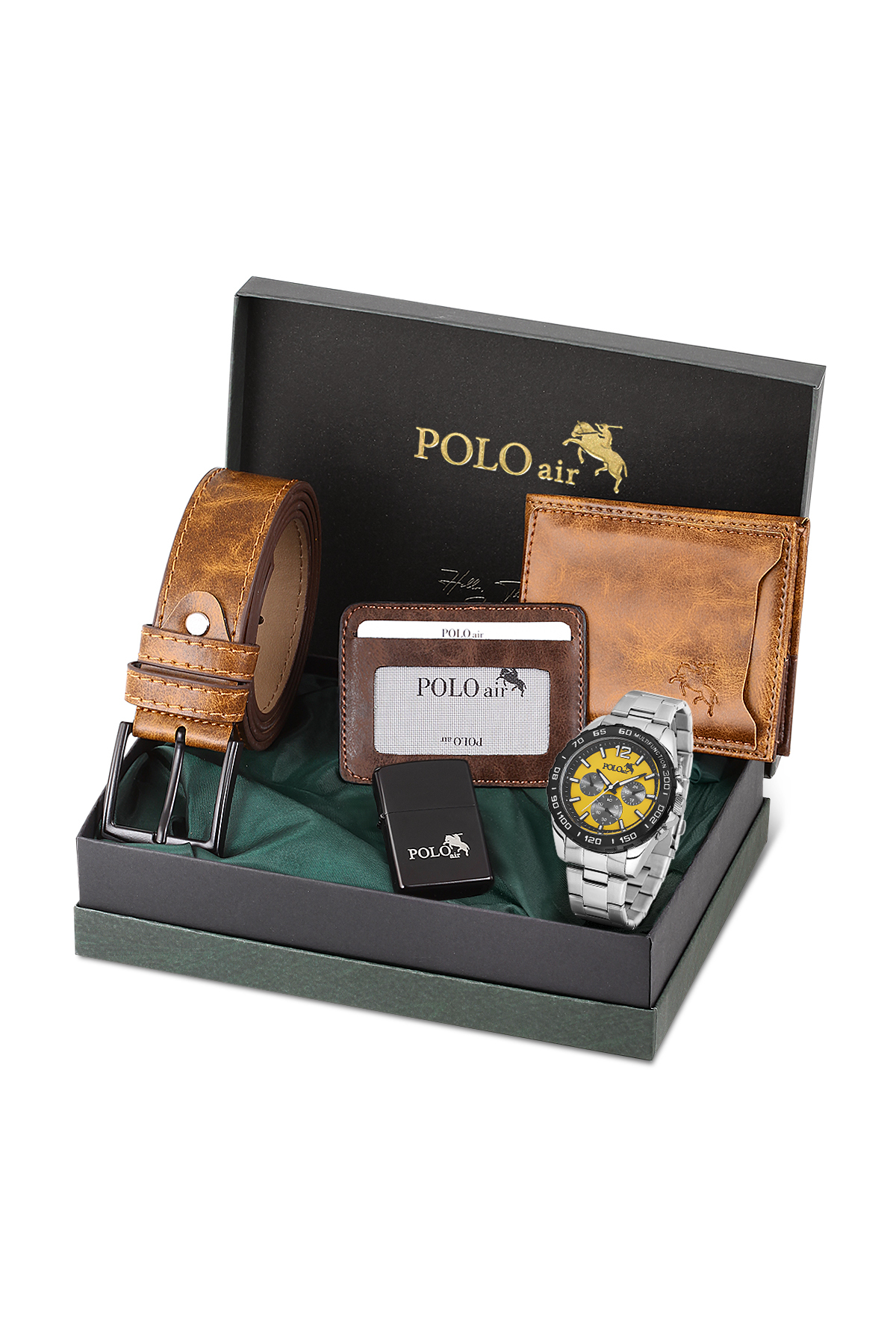 Erkek Kol Saati Kemer Cüzdan Kartlık Çakmak Hediyelik Kutusunda Taba Set Pl-7046E5 Sarı Pl-7046E5