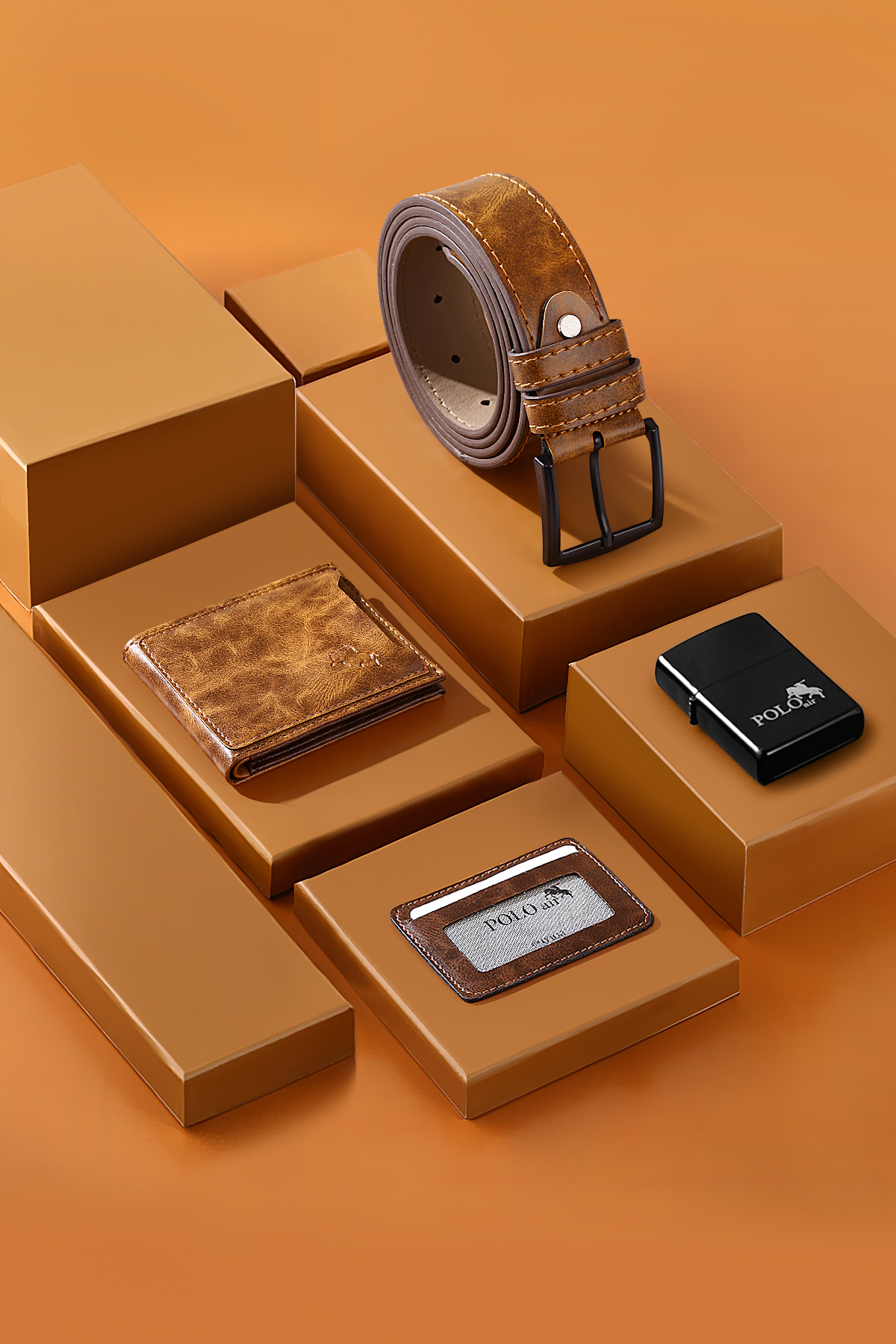 Erkek Kol Saati Kemer Cüzdan Kartlık Çakmak Hediyelik Kutusunda Taba Set Pl-7046E5 Sarı Pl-7046E5