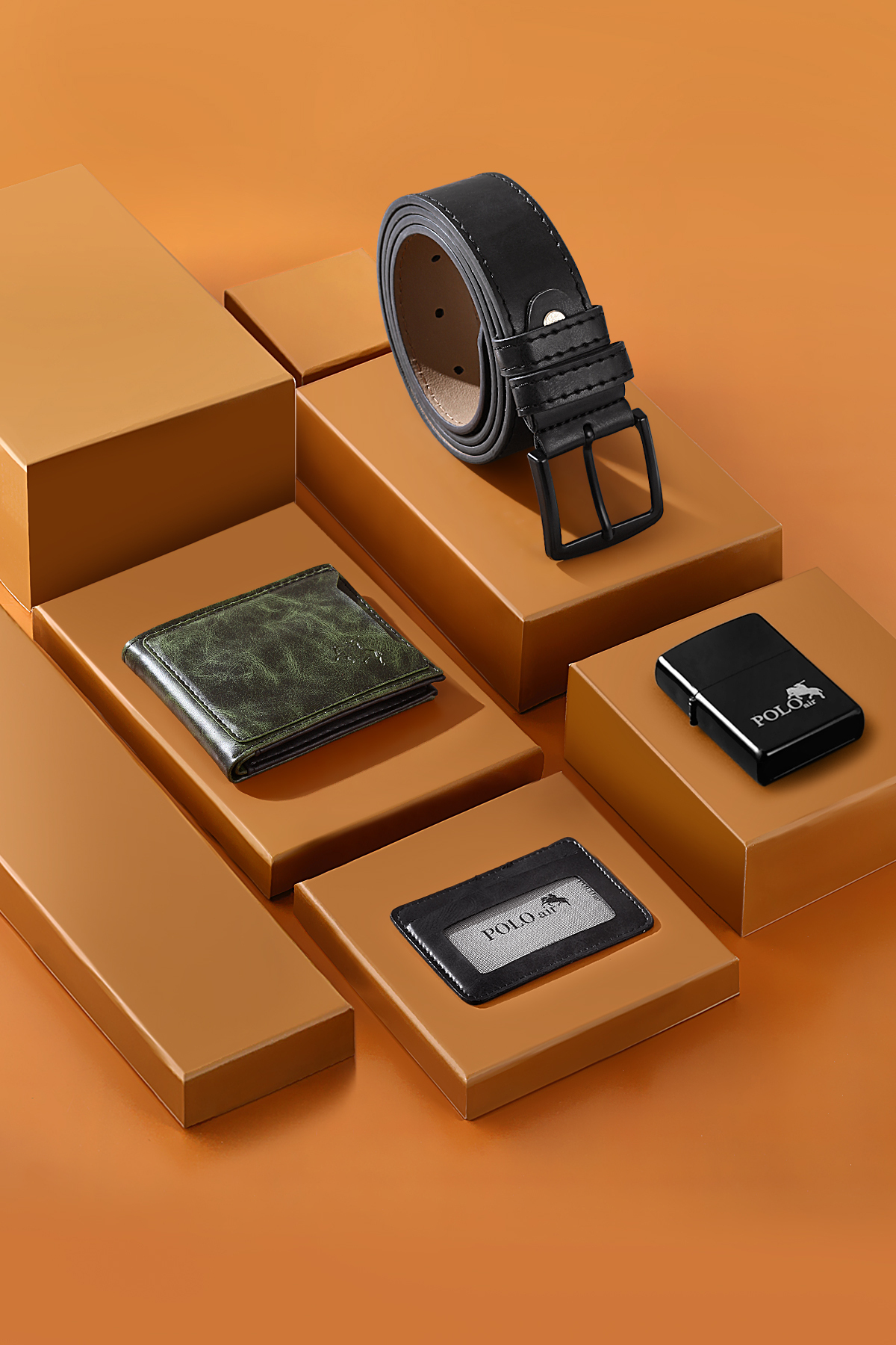 Erkek Kol Saati Kemer Cüzdan Kartlık Çakmak Hediyelik Kutusunda Yeşil Siyah Set Pl-7046E3 Yeşil Pl-7046E3