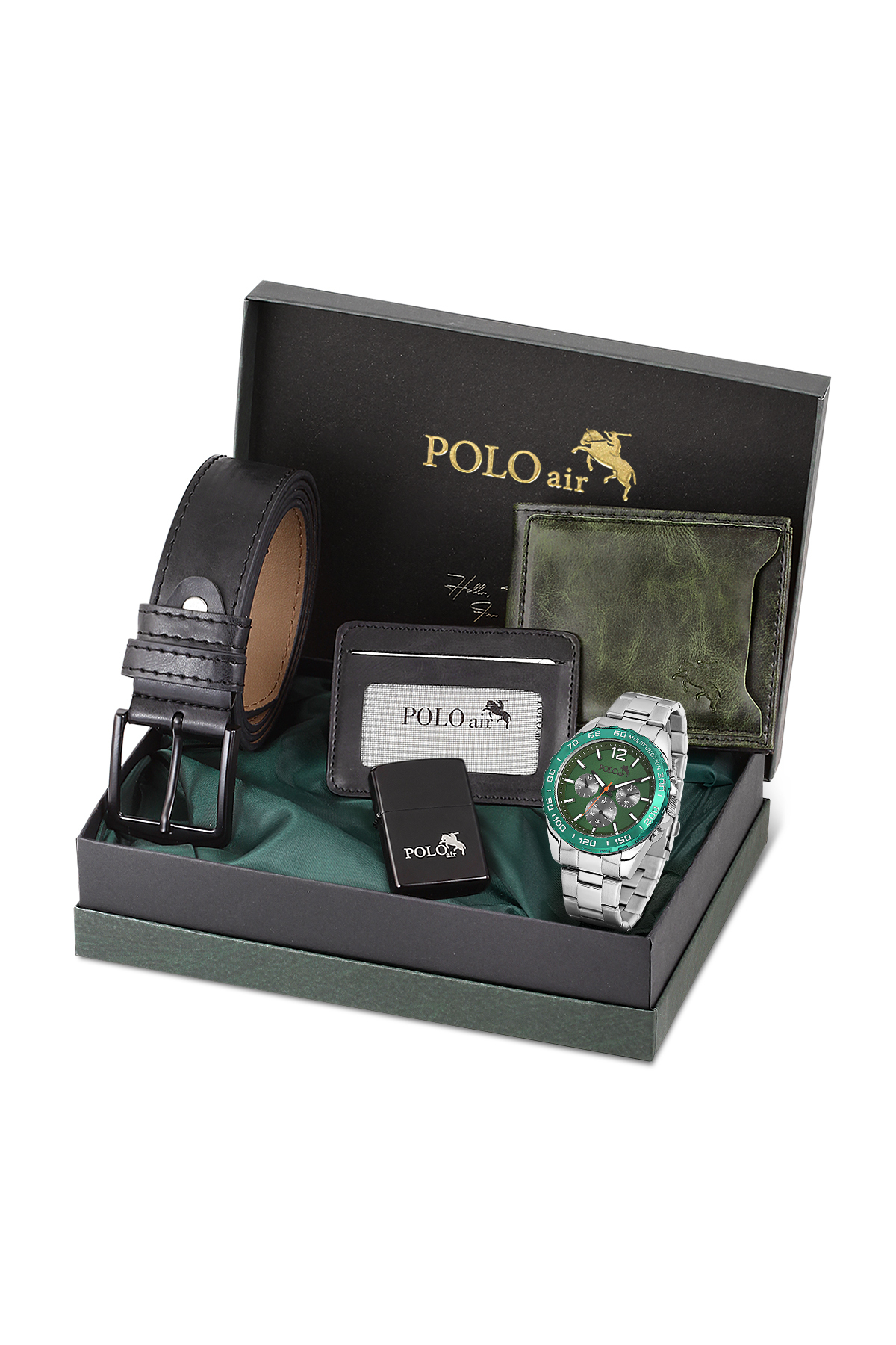 Erkek Kol Saati Kemer Cüzdan Kartlık Çakmak Hediyelik Kutusunda Yeşil Siyah Set Pl-7046E3 Yeşil Pl-7046E3