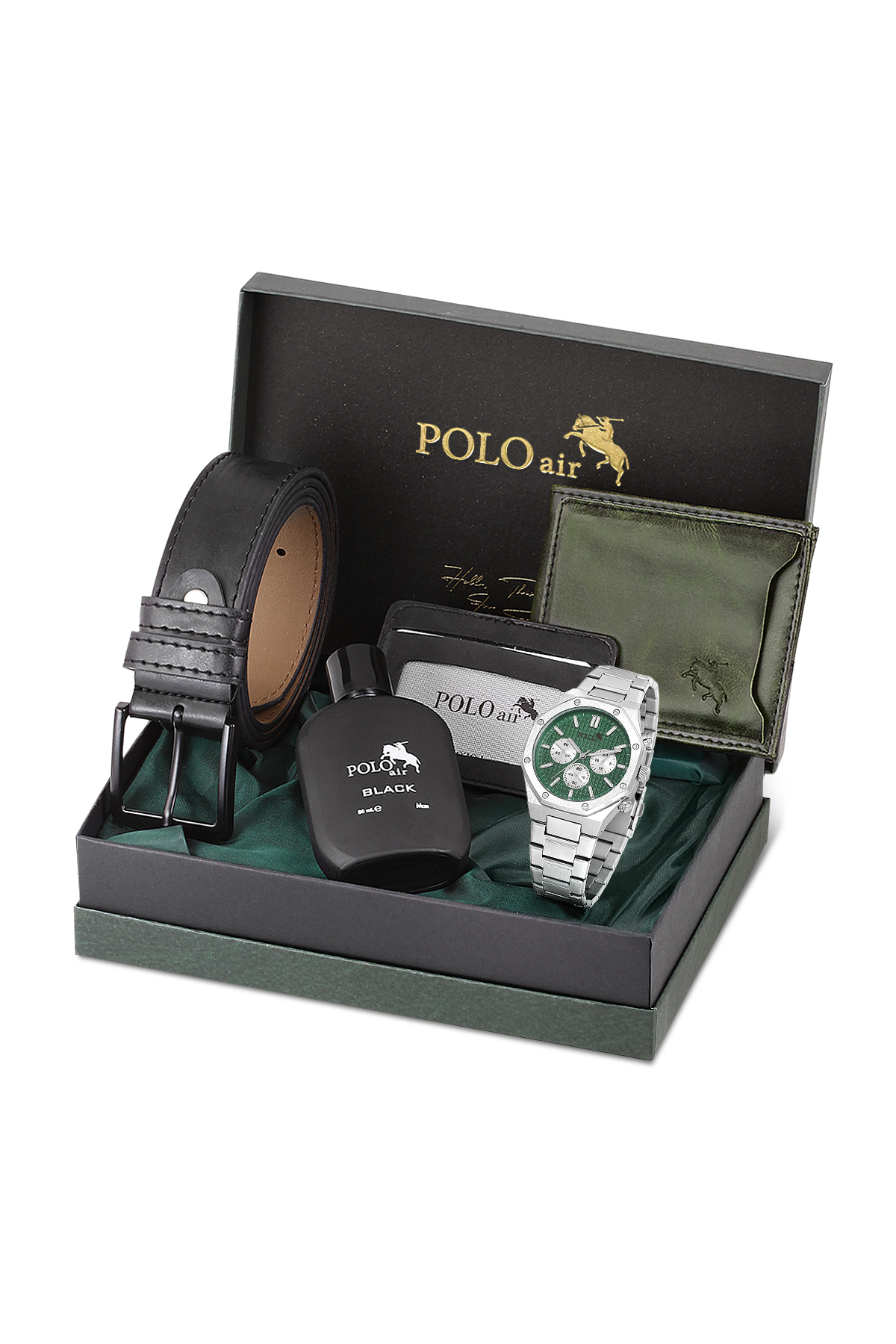 Erkek Kol Saati Kemer Cüzdan Kartlık Parfüm Hediyelik Kutusunda Gümüş Yeşil Set Pl-7025E3 Yeşil Pl-7025E3