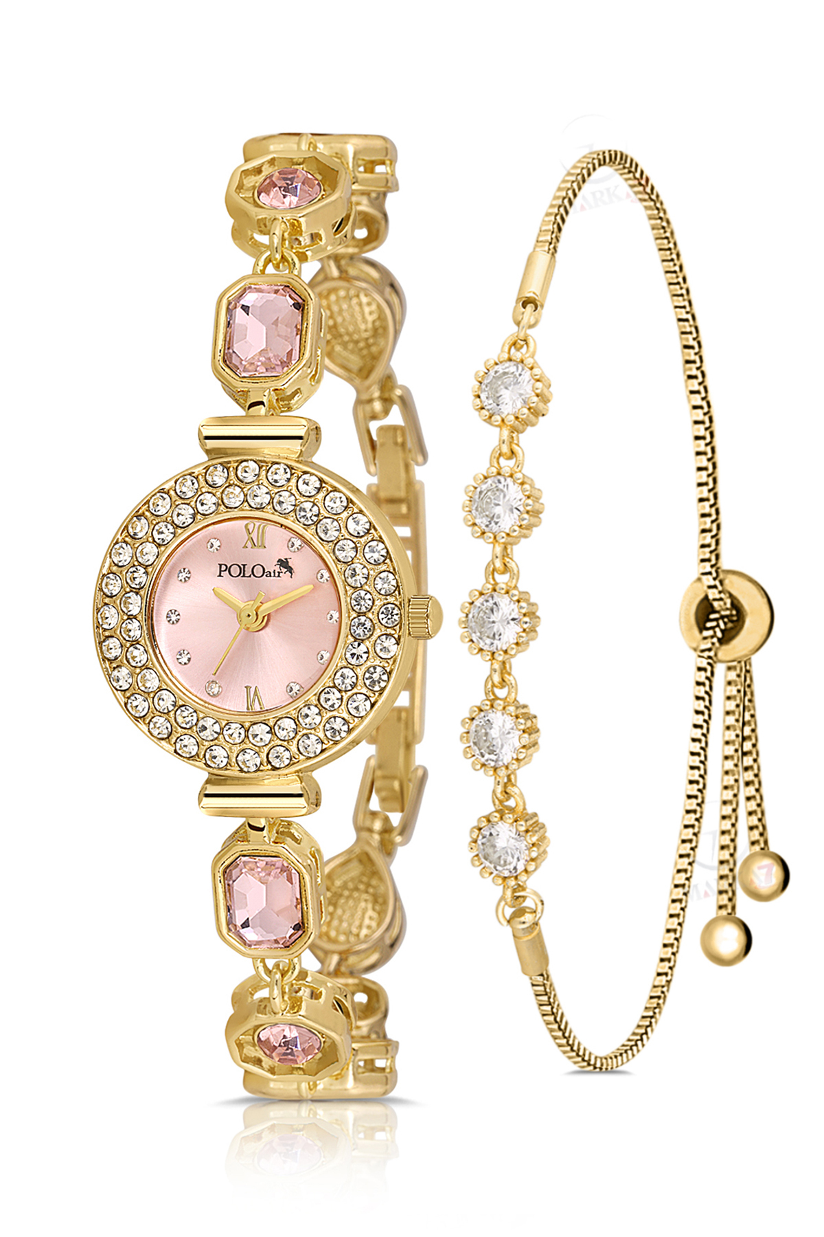 Geometrik Kristal Taş Kordon 5 Taş Bileklik Kombin Gold Pembe Renk Pl-1578B3 Altın Pl-1578B3